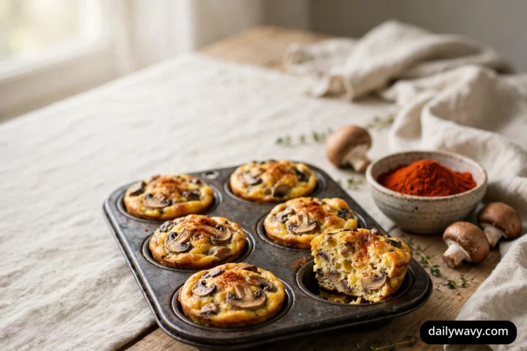 Wide view of a tray of baked mushroom egg muffins dusted with smoked paprika, one muffin lifted out to show its crumb, with a small bowl of smoked paprika and whole cremini mushrooms on a linen-draped table in warm window light.