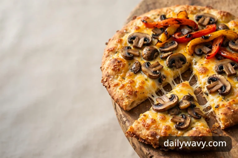 Wide view of a mushroom flatbread with cheddar and peppers on a wooden board, one wedge pulled out with melted cheese stretching