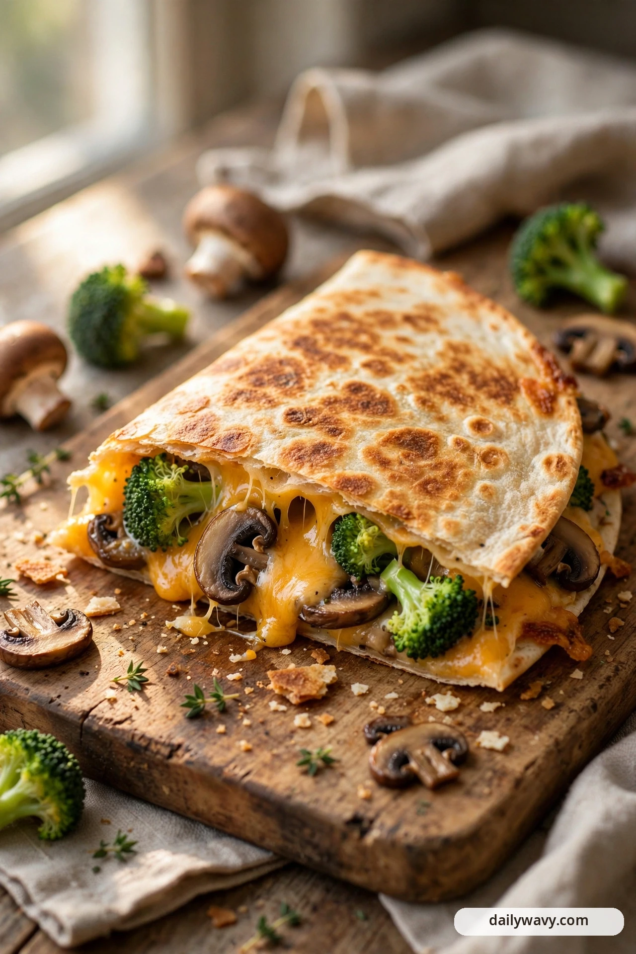 A golden folded mushroom quesadilla on a wooden board shows melted cheddar, mushroom slices and broccoli florets spilling from its open edge, with whole mushrooms and broccoli florets scattered around it.