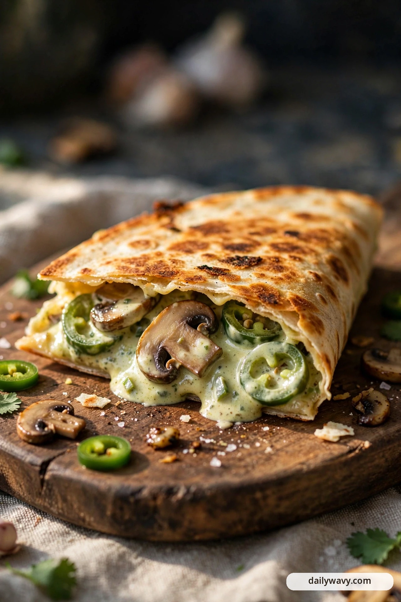 A golden folded quesadilla on a round wooden board spills a creamy filling of mushroom slices and jalapeño rings from its open edge, with more jalapeño slices scattered on the board.