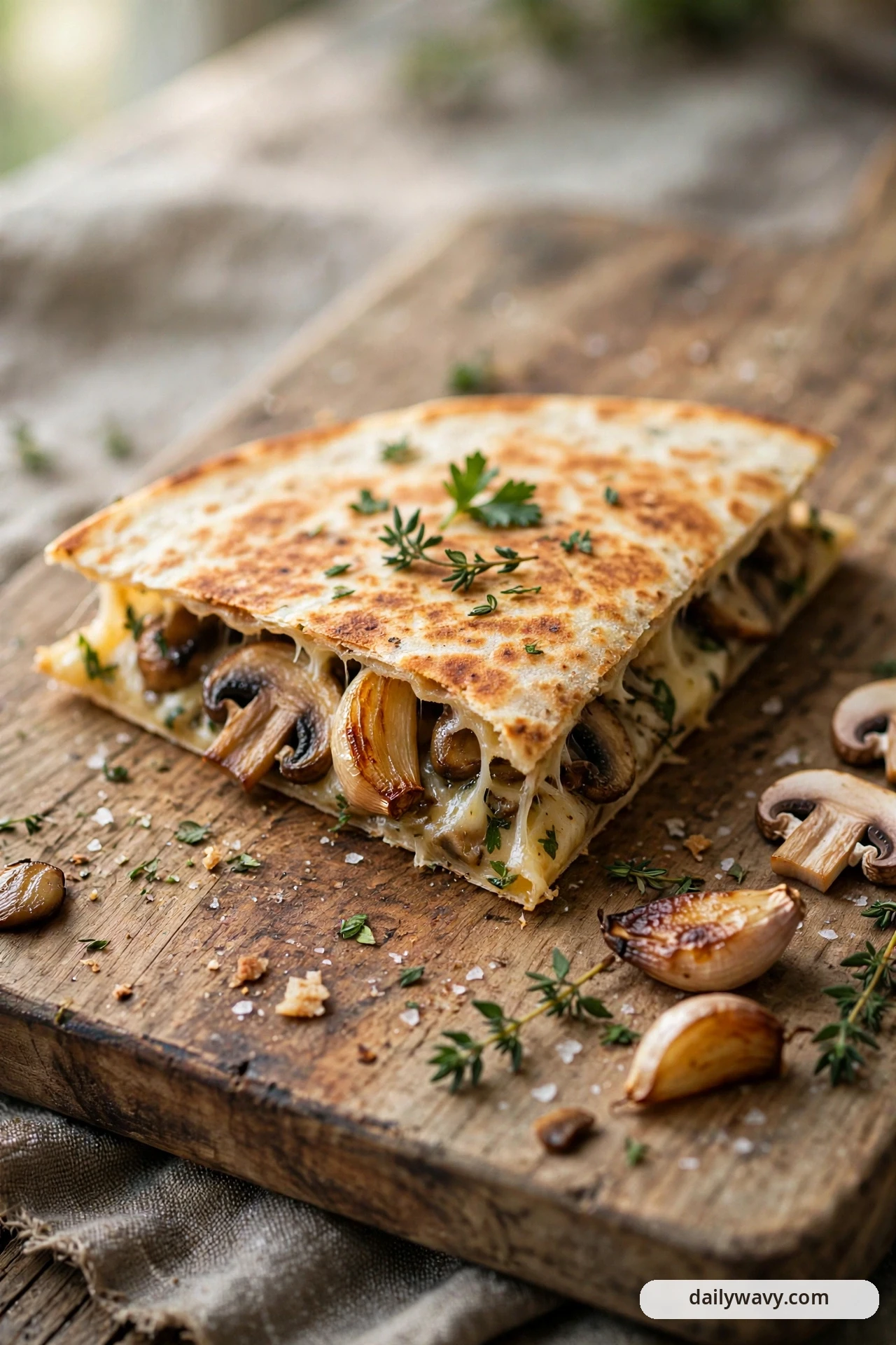 A halved mushroom quesadilla on a wooden board shows melted cheese, mushroom slices and a whole roasted garlic clove inside, sprinkled with chopped parsley, with roasted garlic cloves beside it on the board.