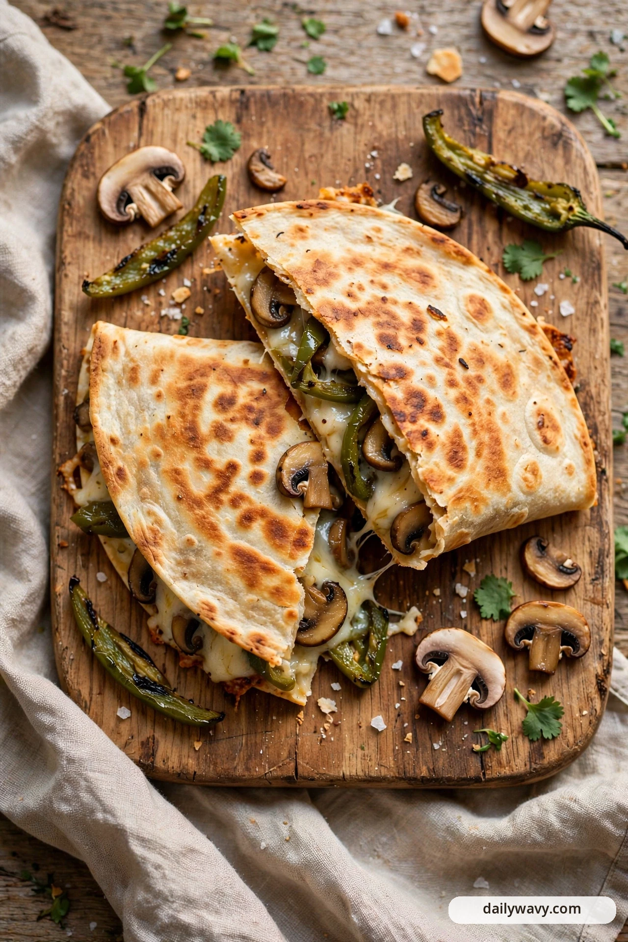 Two golden quesadilla halves on a wooden board show mushroom slices, melted cheese and green chile strips inside, with whole charred green chiles and mushroom halves scattered around them.