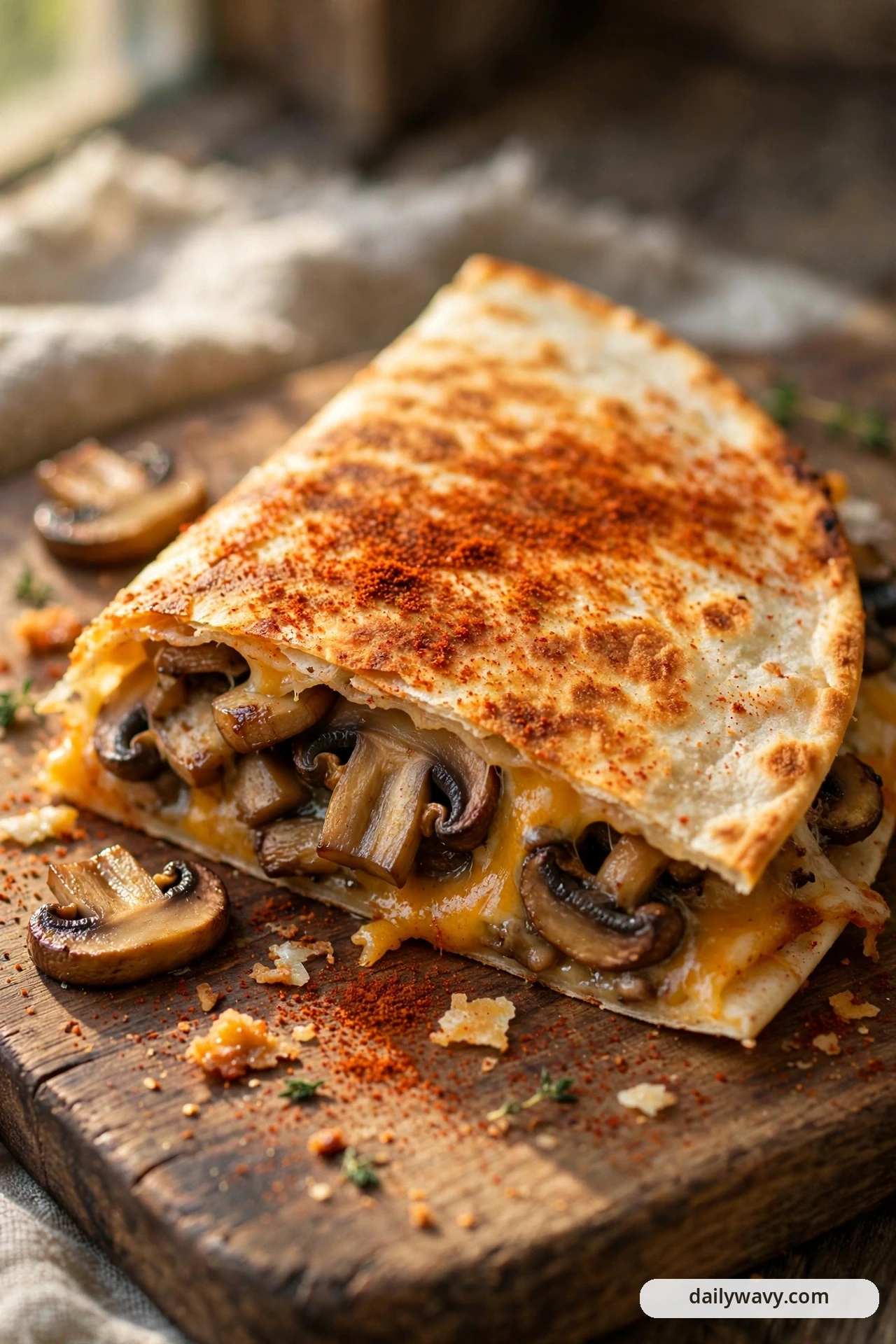 A golden folded quesadilla dusted with smoked paprika sits on a wooden board, its cut edge showing chunky mushroom pieces and melted cheddar.