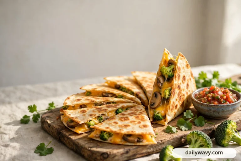 Golden mushroom quesadilla wedges filled with melted cheddar, mushroom slices and broccoli florets are fanned across a wooden board, with one wedge propped upright to show the filling.