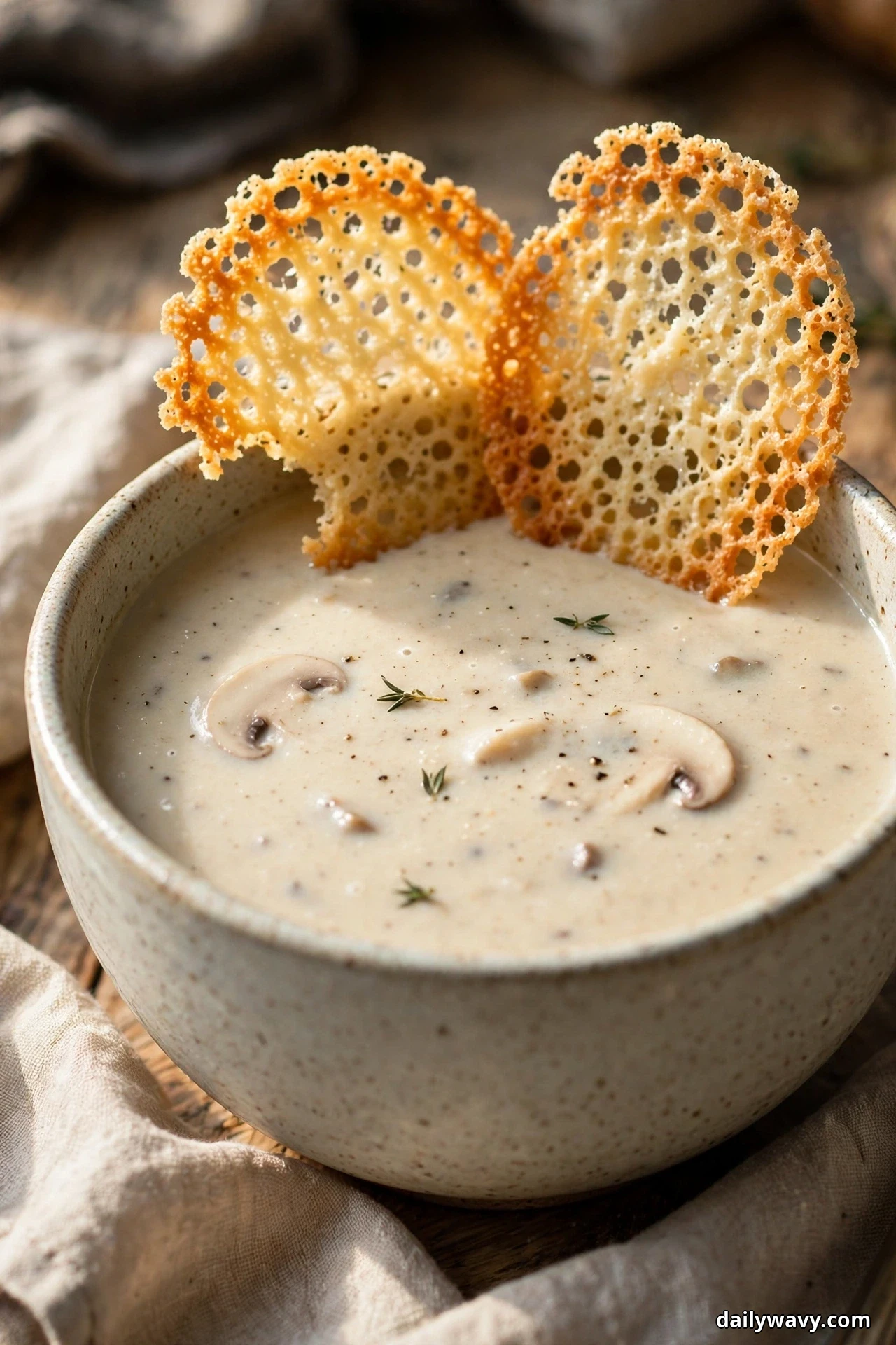 Two golden lacy parmesan crisps lean against the rim of a ceramic bowl filled with smooth mushroom soup