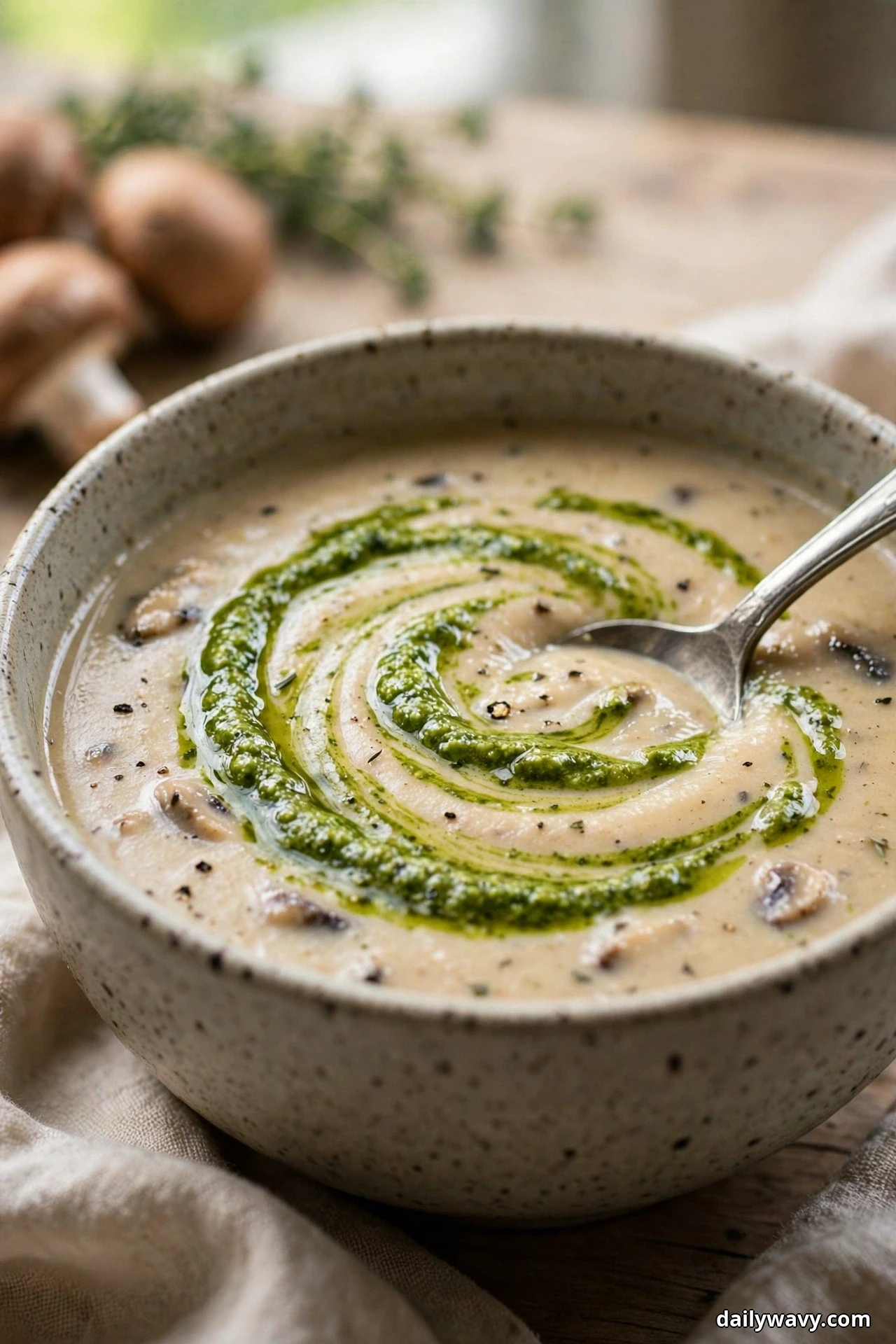 A green pesto swirl spirals across the surface of smooth mushroom soup in a speckled ceramic bowl with a spoon resting in the soup