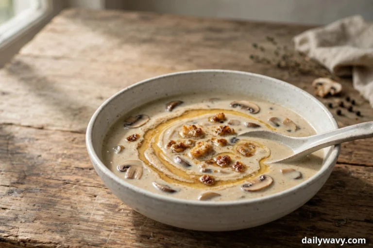 A wide ceramic bowl of creamy mushroom soup with a browned butter swirl and mushroom slices sits on a rustic wooden table with a ceramic spoon resting in the soup
