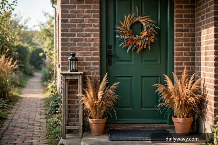 Wide view of a narrow brick front porch with a deep green double door dressed with a fall wreath of wheat, eucalyptus, and maple leaves, flanked by two terracotta pots of pampas grass and a tall wooden plant stand holding a black lantern.