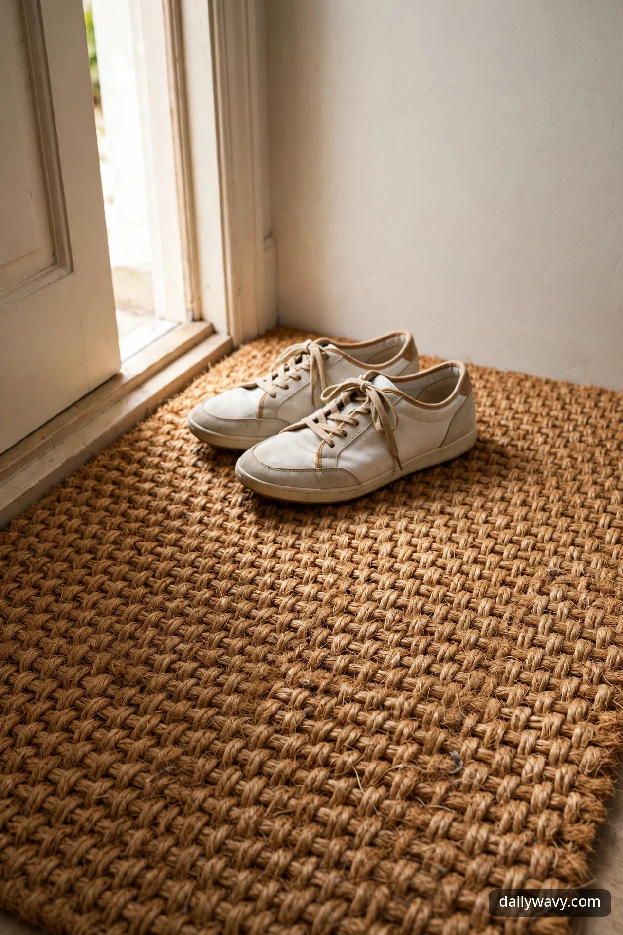 A close-up of a woven coir doormat inside the front door shows a pair of cream canvas sneakers resting on its textured weave.