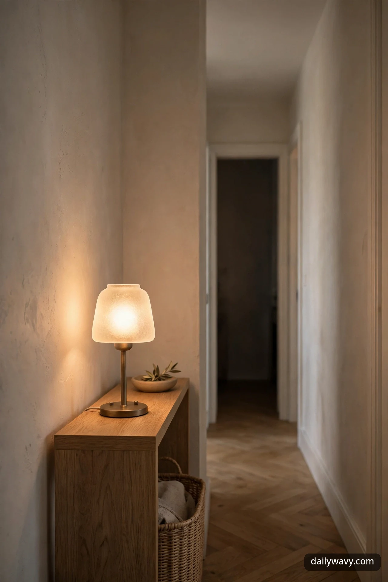 A small table lamp with a frosted glass shade glows warm on a slim wooden console in a hallway, beside a shallow bowl of olive sprigs and a woven basket tucked below.