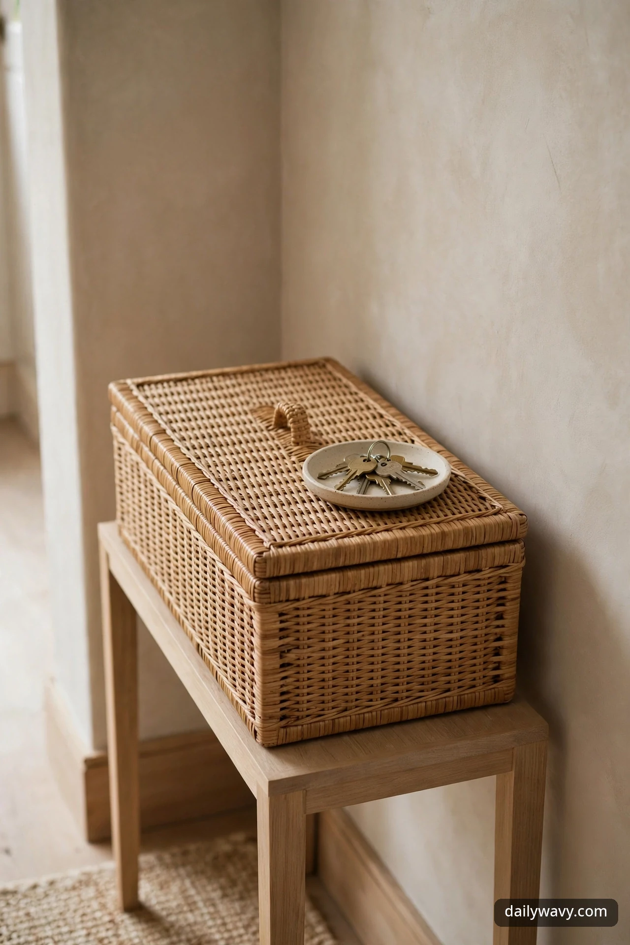 A woven rattan lidded box sits on a slim wooden console in a hallway, with a small speckled stoneware dish holding a set of keys on its lid.