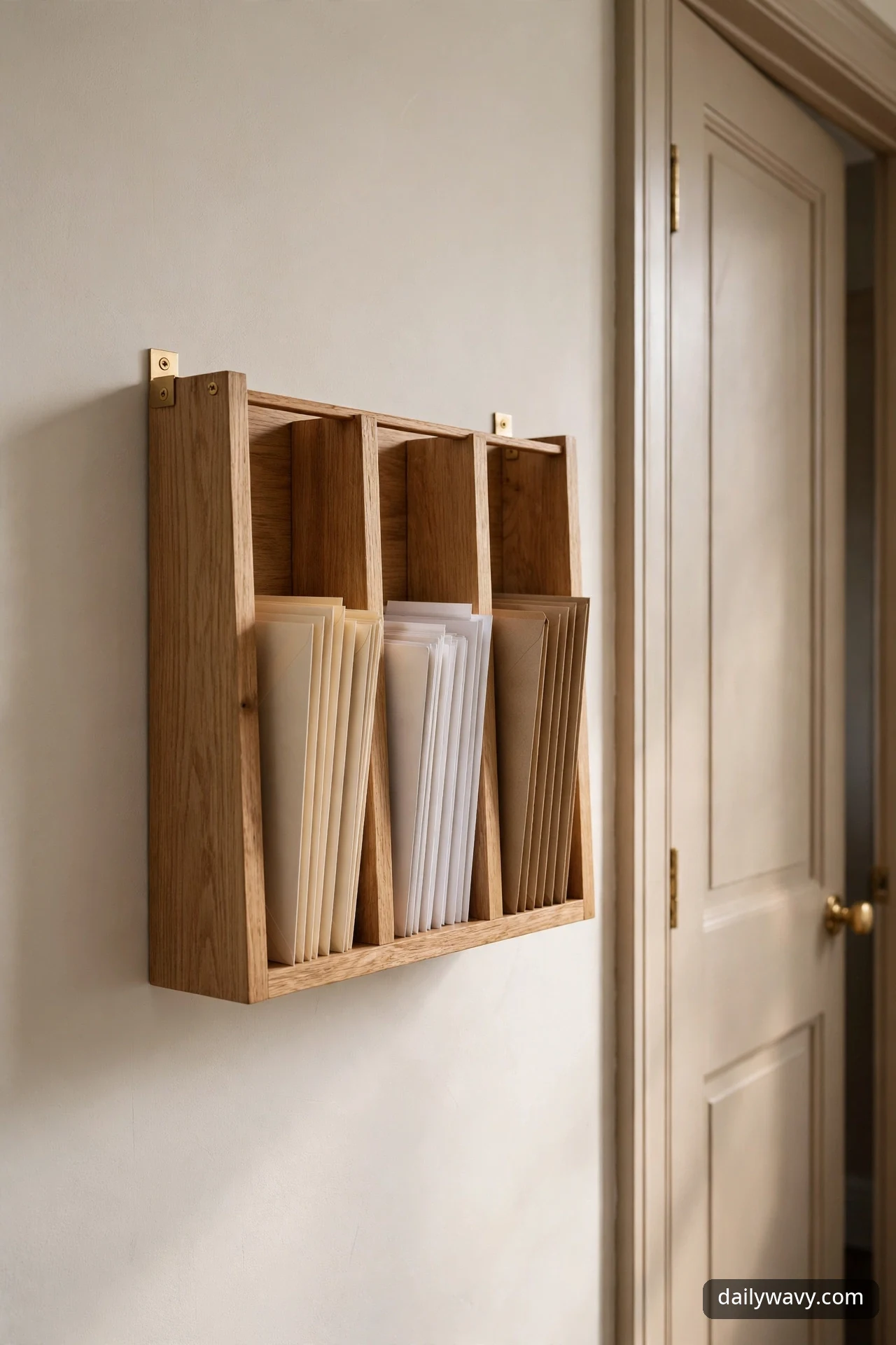 A wall-mounted oak mail sorter with three slots holds sorted cream, white, and kraft envelopes, mounted with brass brackets beside an interior door.