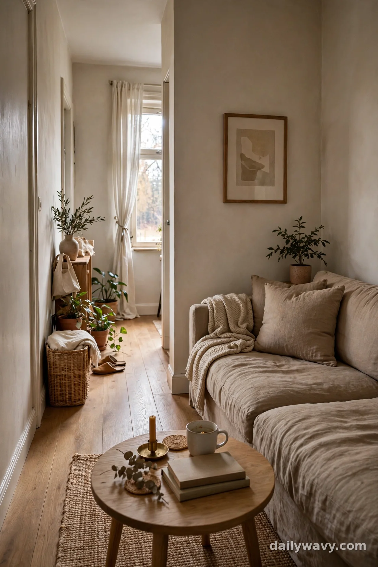 Beige sofa pushed against the long wall of a narrow living room with a round wooden side table