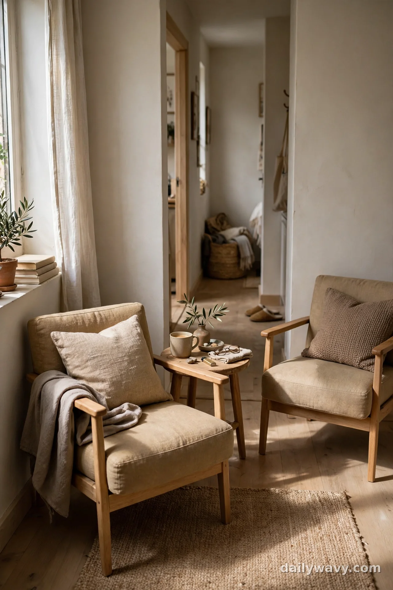 Two small wooden armchairs facing each other across a shared side table near a bright window