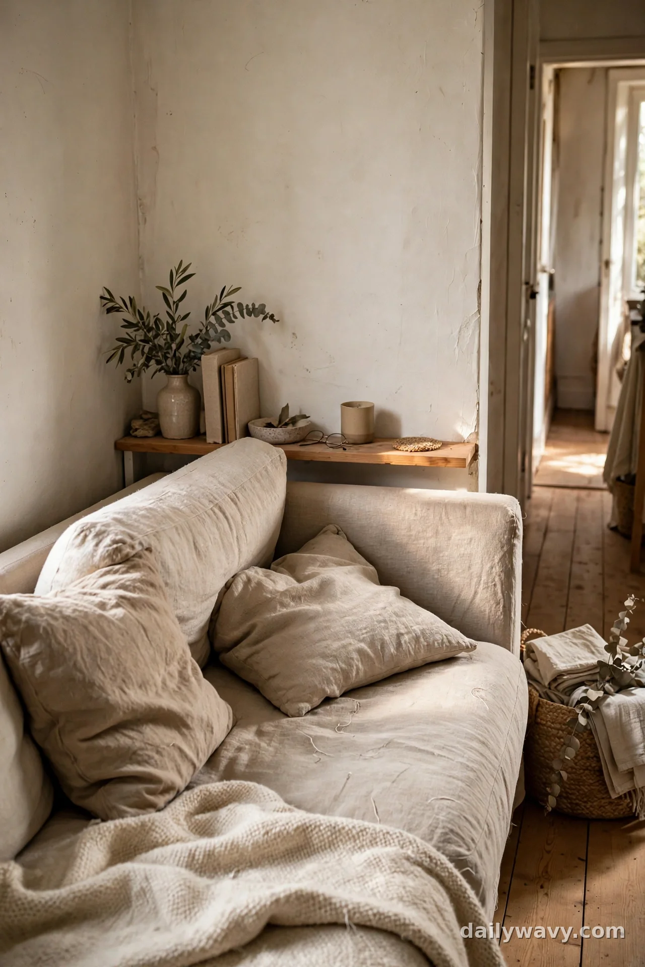 Sofa floated a few inches off the wall with a narrow wooden shelf styled in the gap behind it