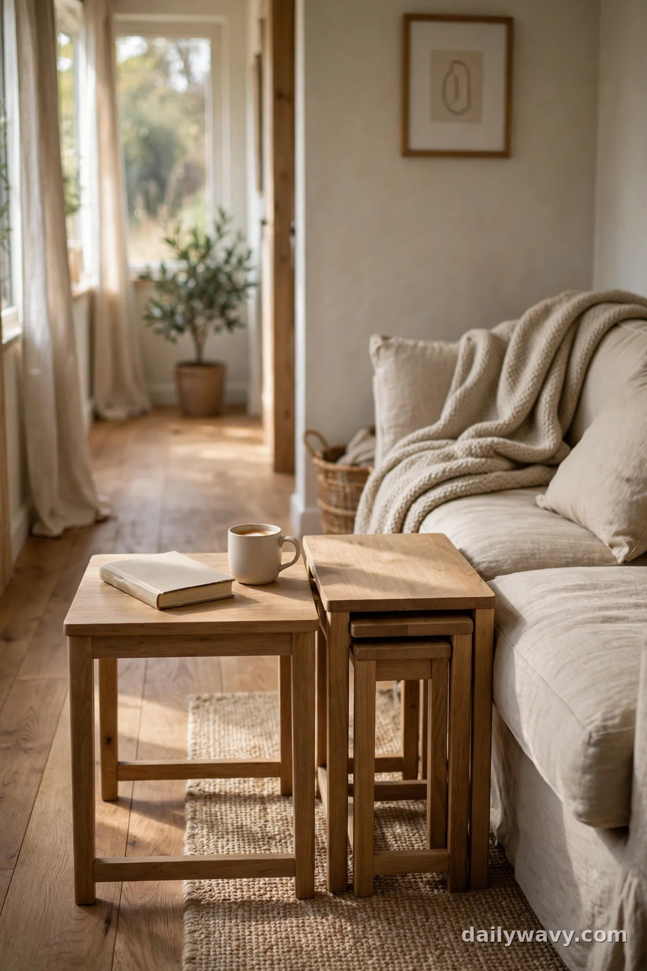 Set of wooden nesting tables beside a linen sofa, one pulled out holding a book and mug