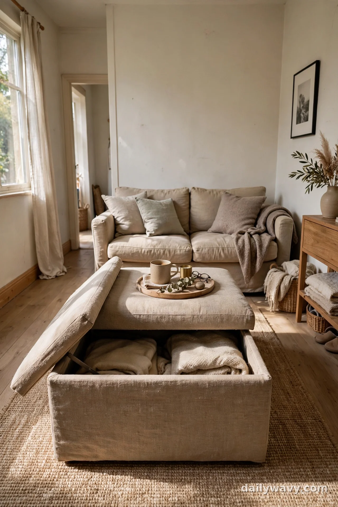 Upholstered storage ottoman with the lid open showing folded throws, tray with mug on top