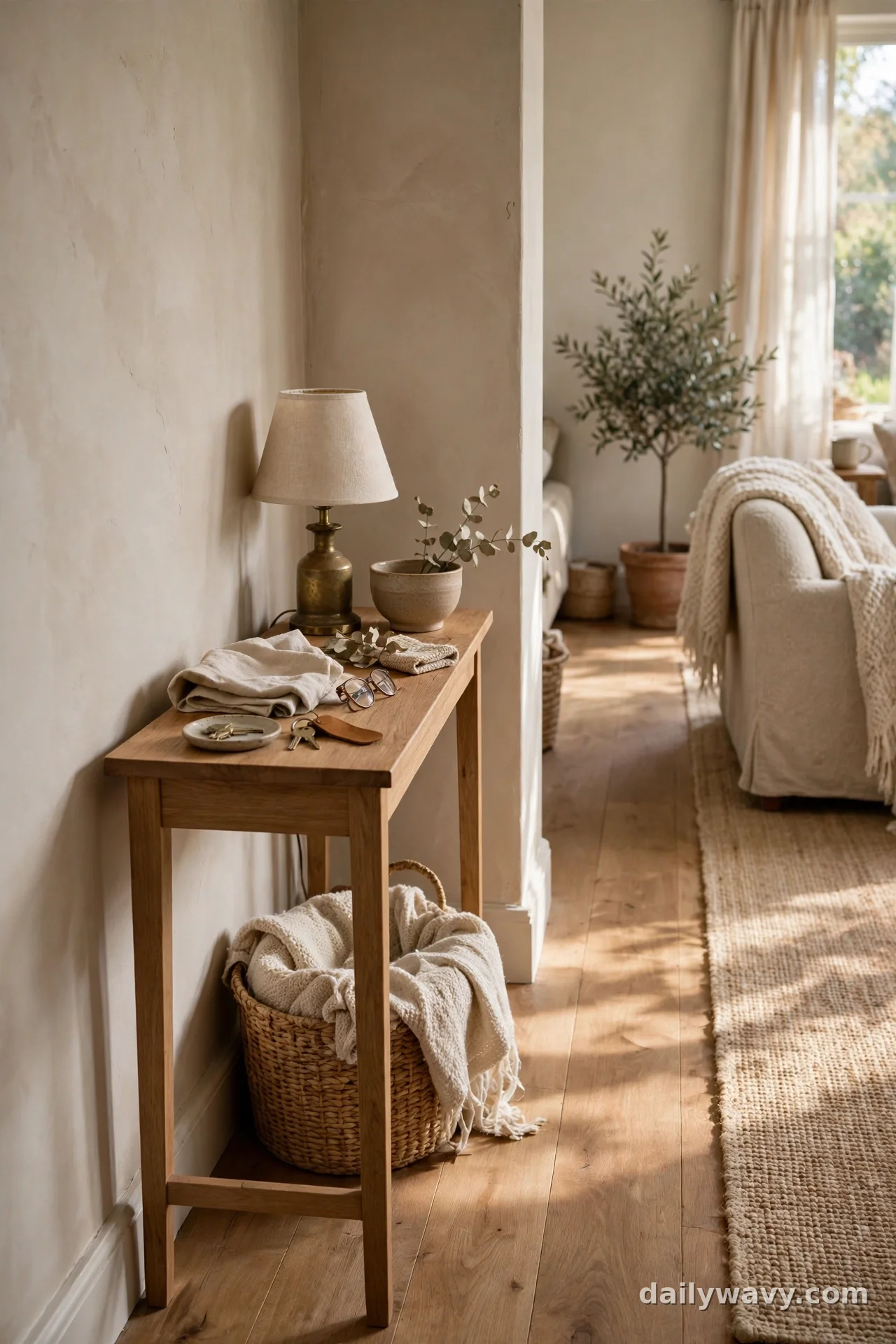 Slim wooden console table along a wall with lamp and keys, marking the walking route beside it
