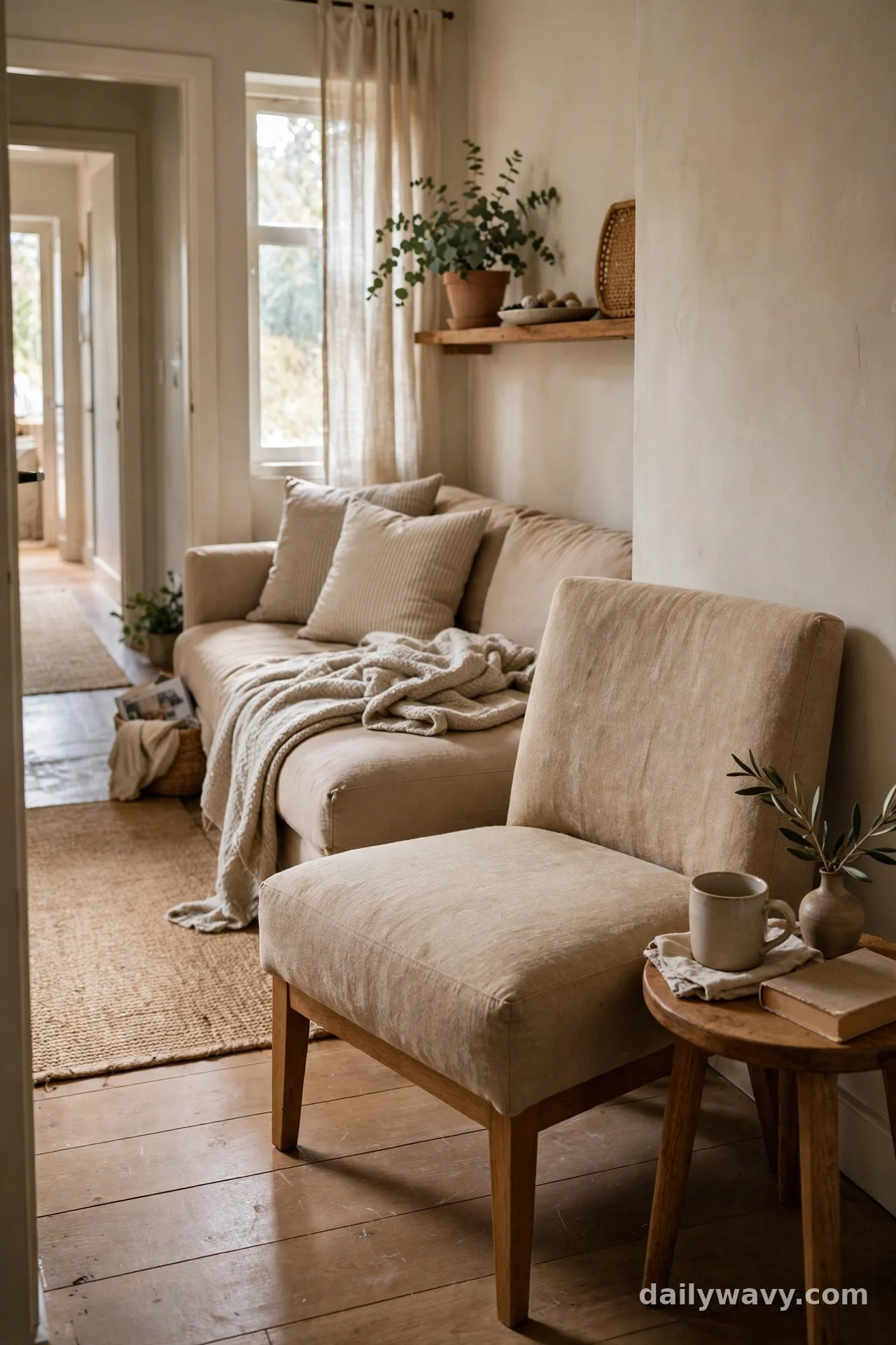 Armless upholstered chair angled toward a sofa at the open end of a narrow living room