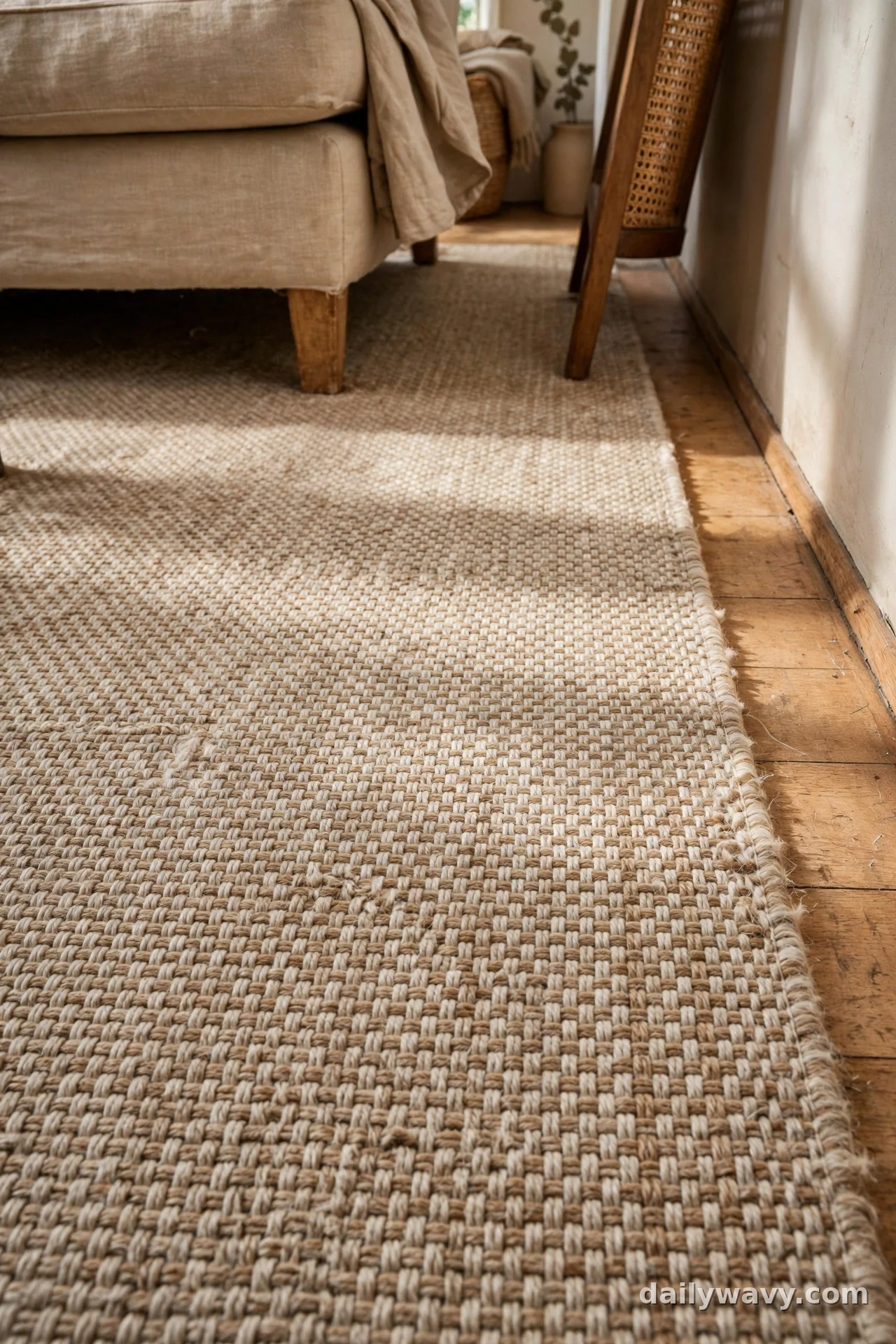 Flat-weave jute rug under a sofa with the walking route running on bare wood floor alongside