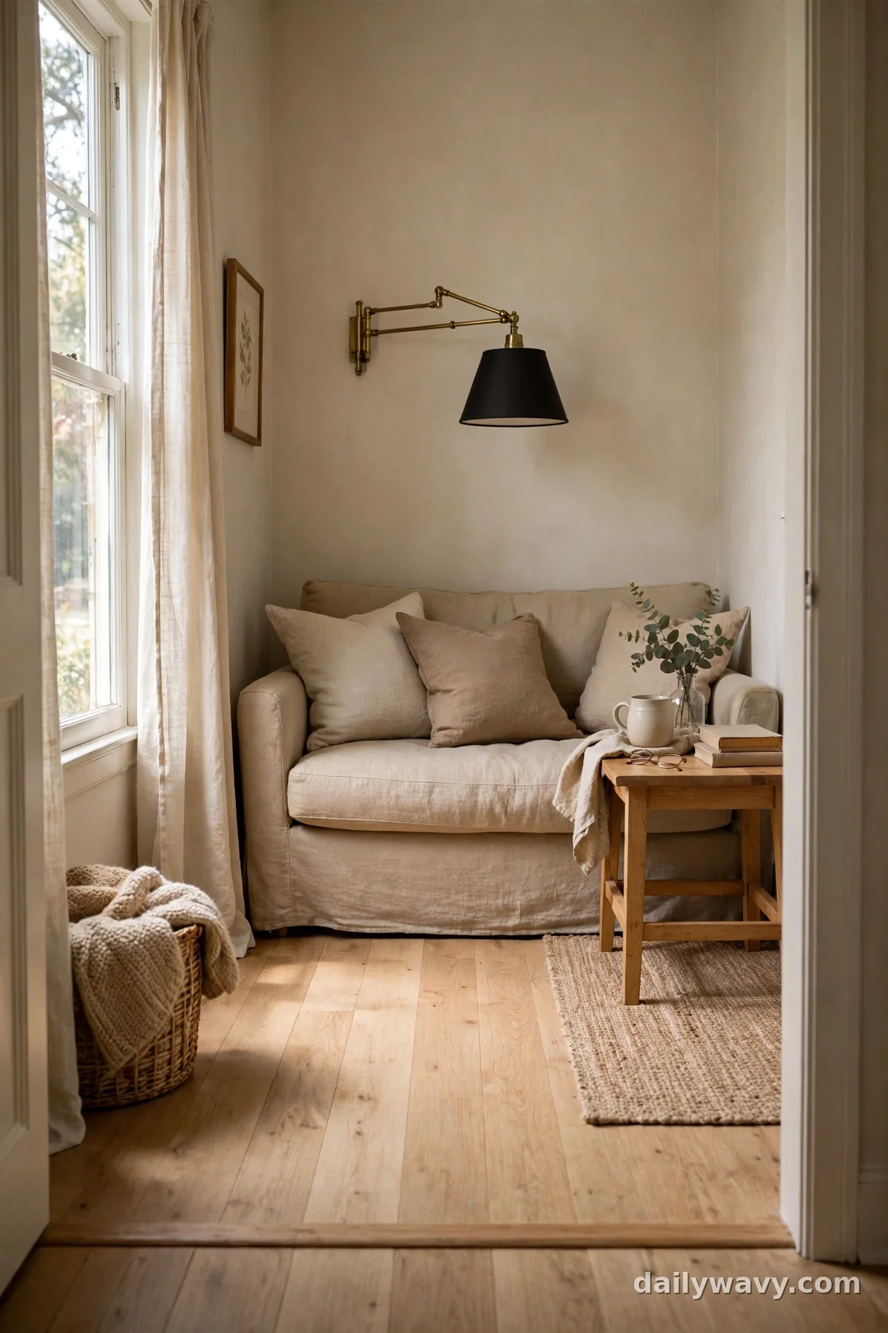 Brass swing-arm wall sconce mounted above a linen sofa, leaving the floor completely clear