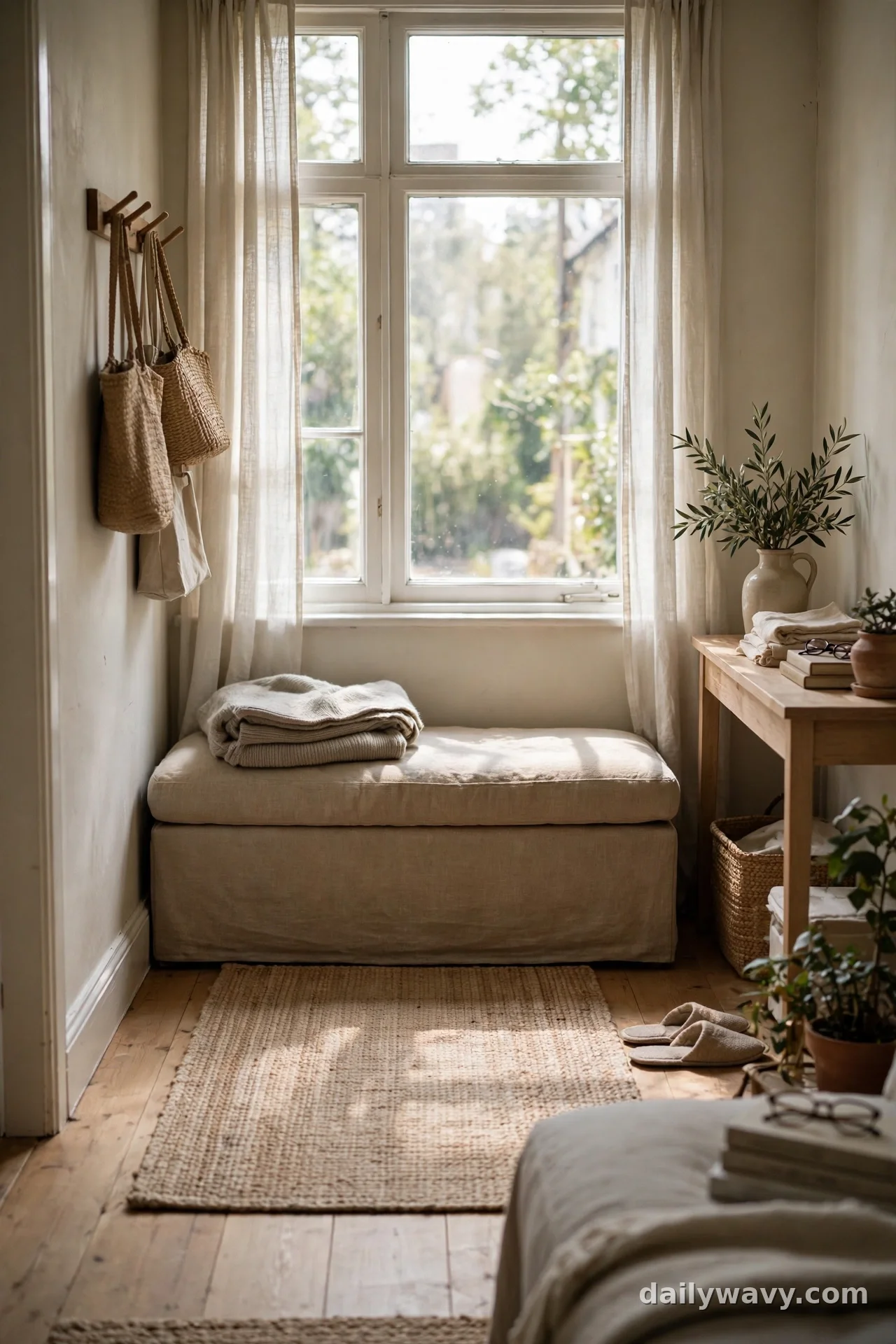 Low upholstered bench sitting below a windowsill under a bright window