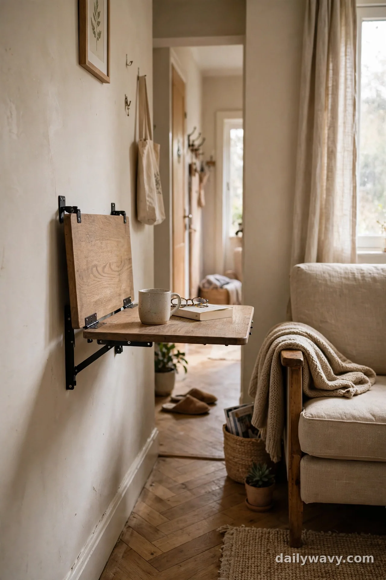 Wall-mounted drop-leaf table folded partly open beside a chair in a narrow living room