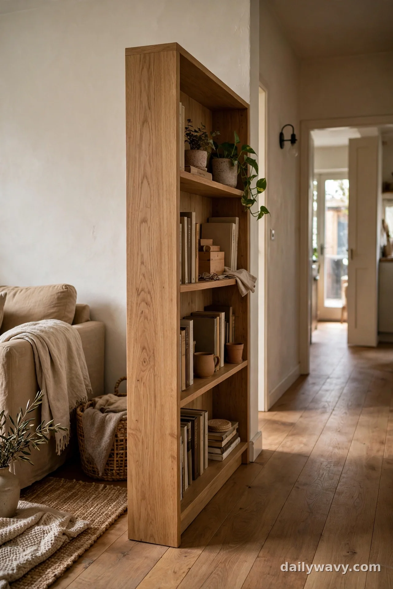 Shallow wooden bookcase standing perpendicular to the wall, dividing living area from hallway