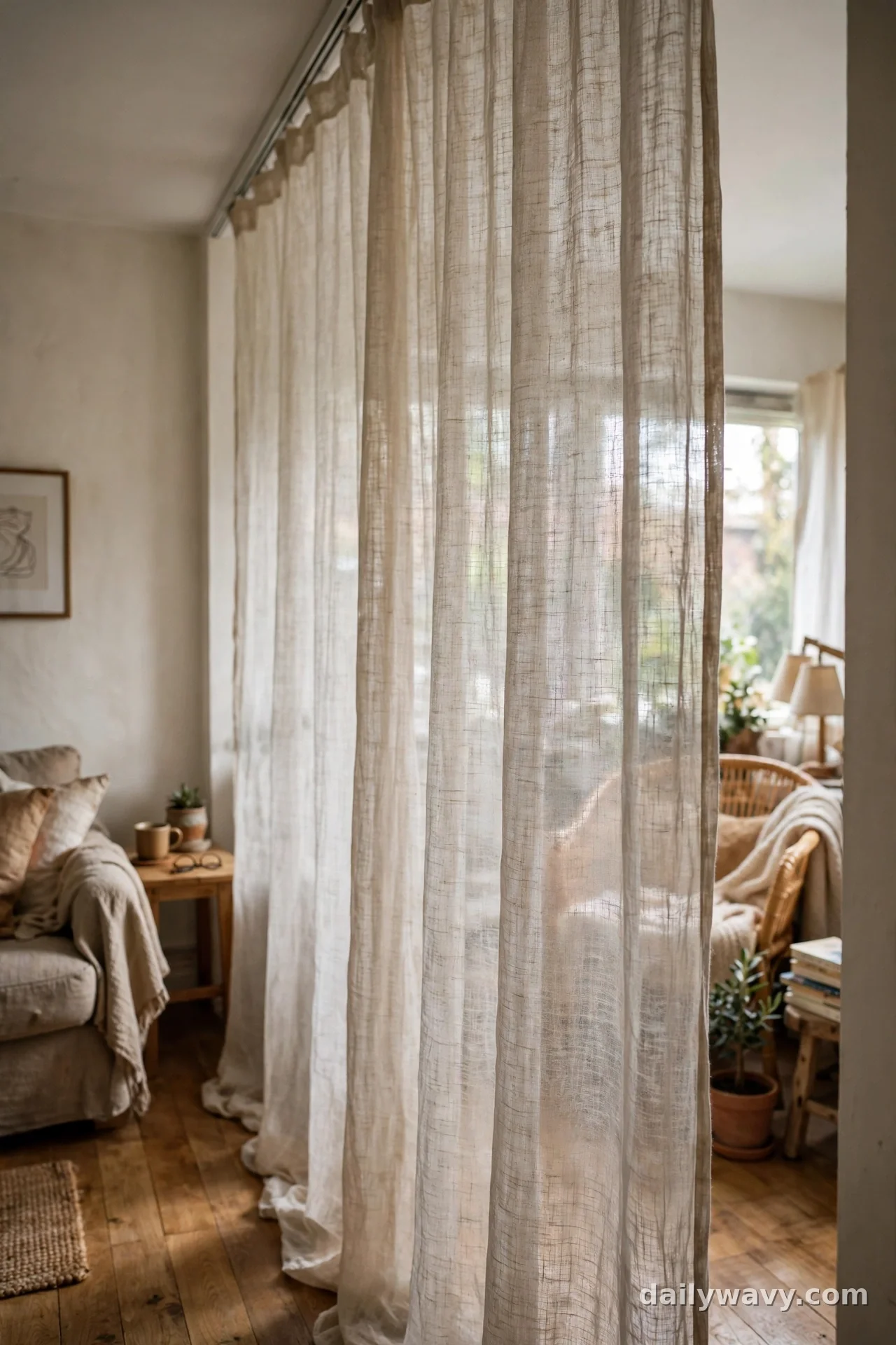 Sheer linen curtain on a ceiling track dividing a long narrow room into two zones