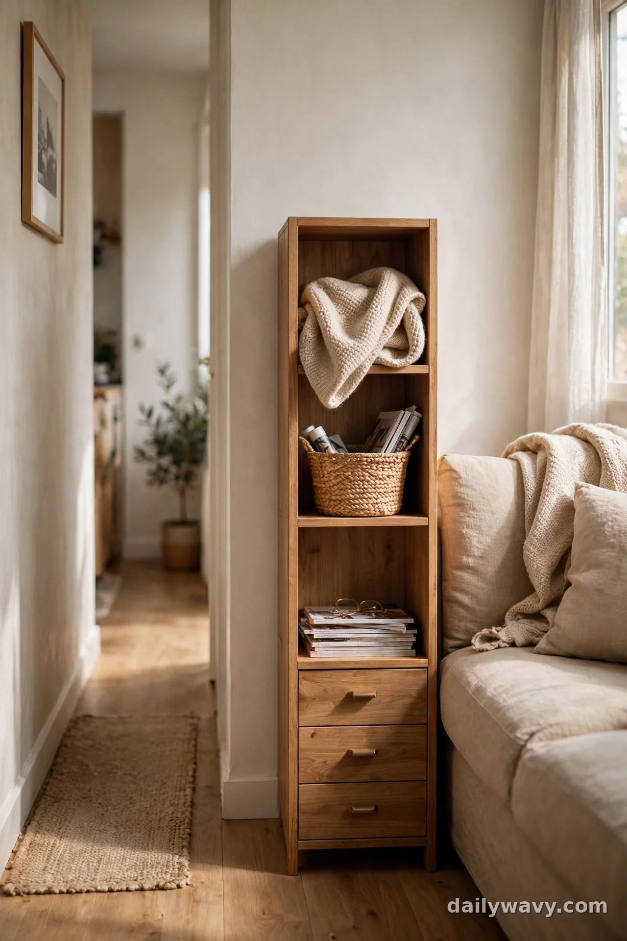 Narrow wooden storage unit with drawers and cubbies standing beside a linen sofa
