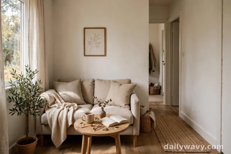 Narrow living room with a wall-hugging beige sofa, round wooden coffee table and clear walking route