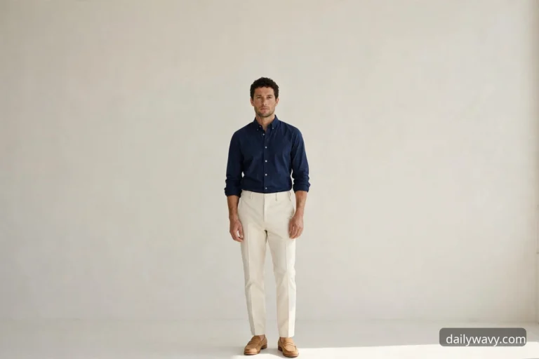 Woman wearing a navy cotton shirt with cream tailored trousers, full outfit view
