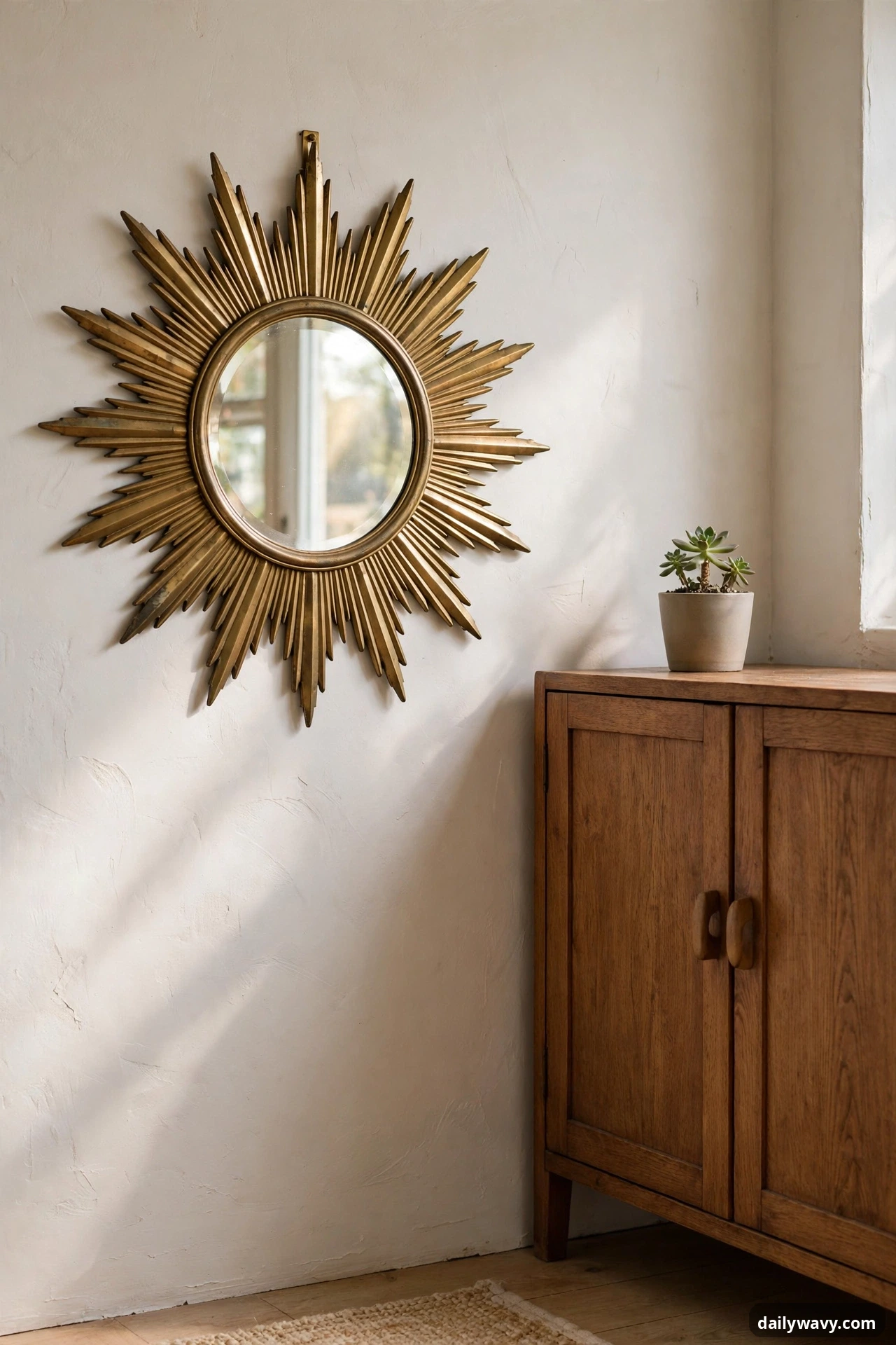 A Sculptural Mirror Beside A Cabinet in neo deco home decor