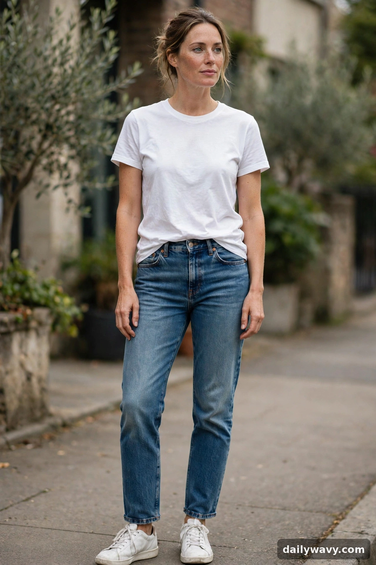 Adult wearing plain tee with straight jeans for neutral capsule wardrobe outfits