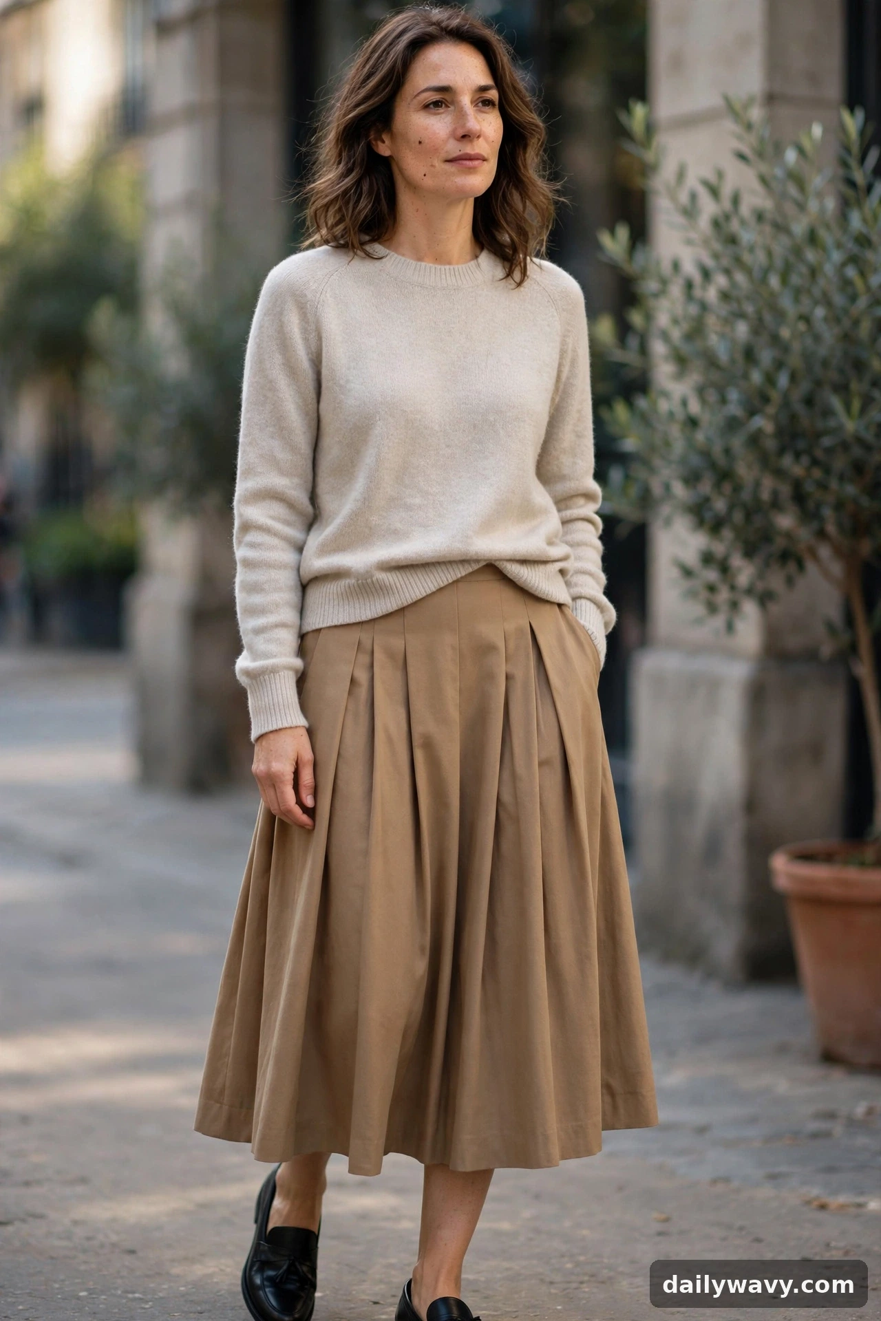 Adult wearing fine knit with a midi skirt for neutral capsule wardrobe outfits
