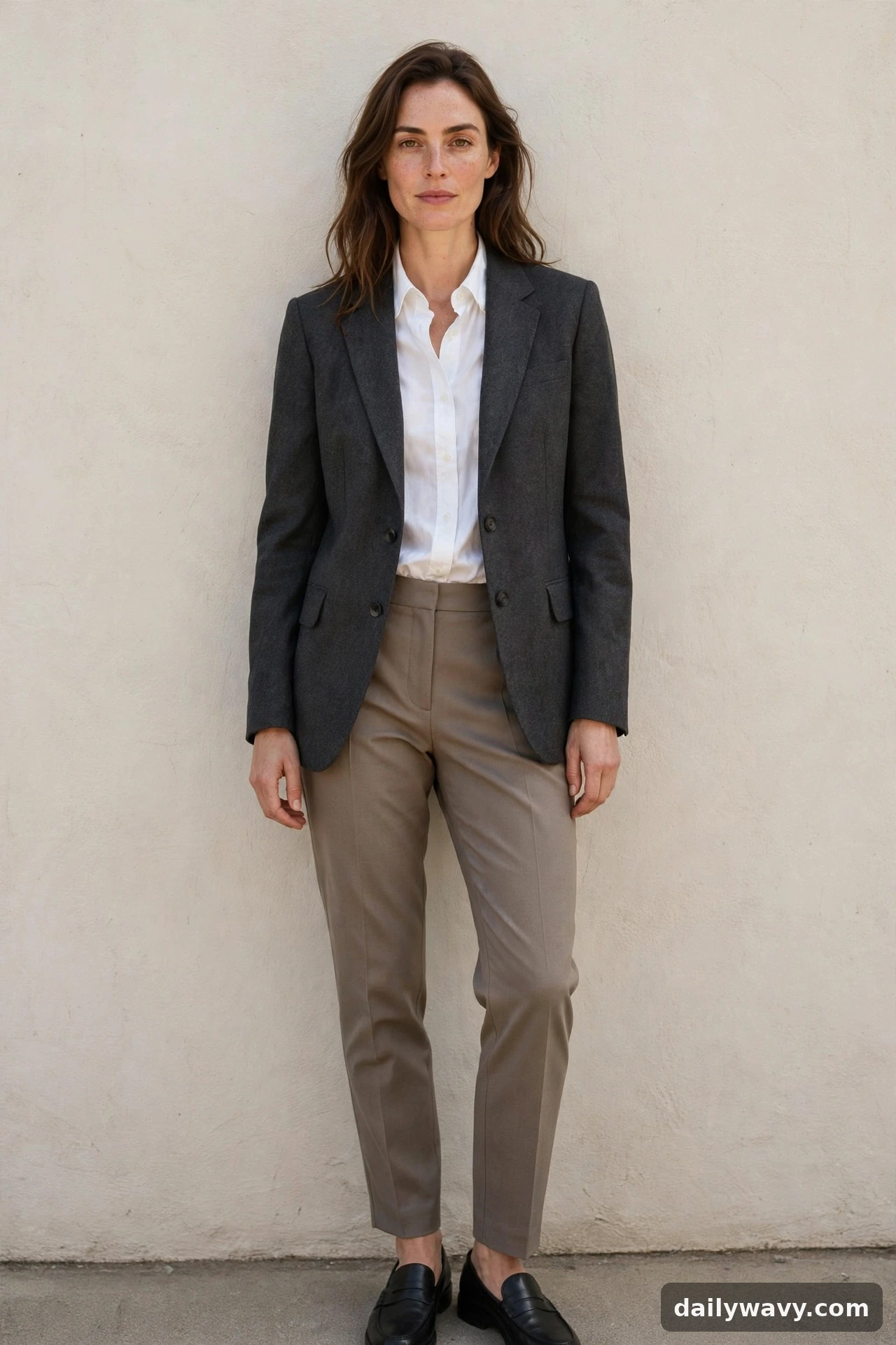 Adult wearing blazer with a shirt and trousers for neutral capsule wardrobe outfits