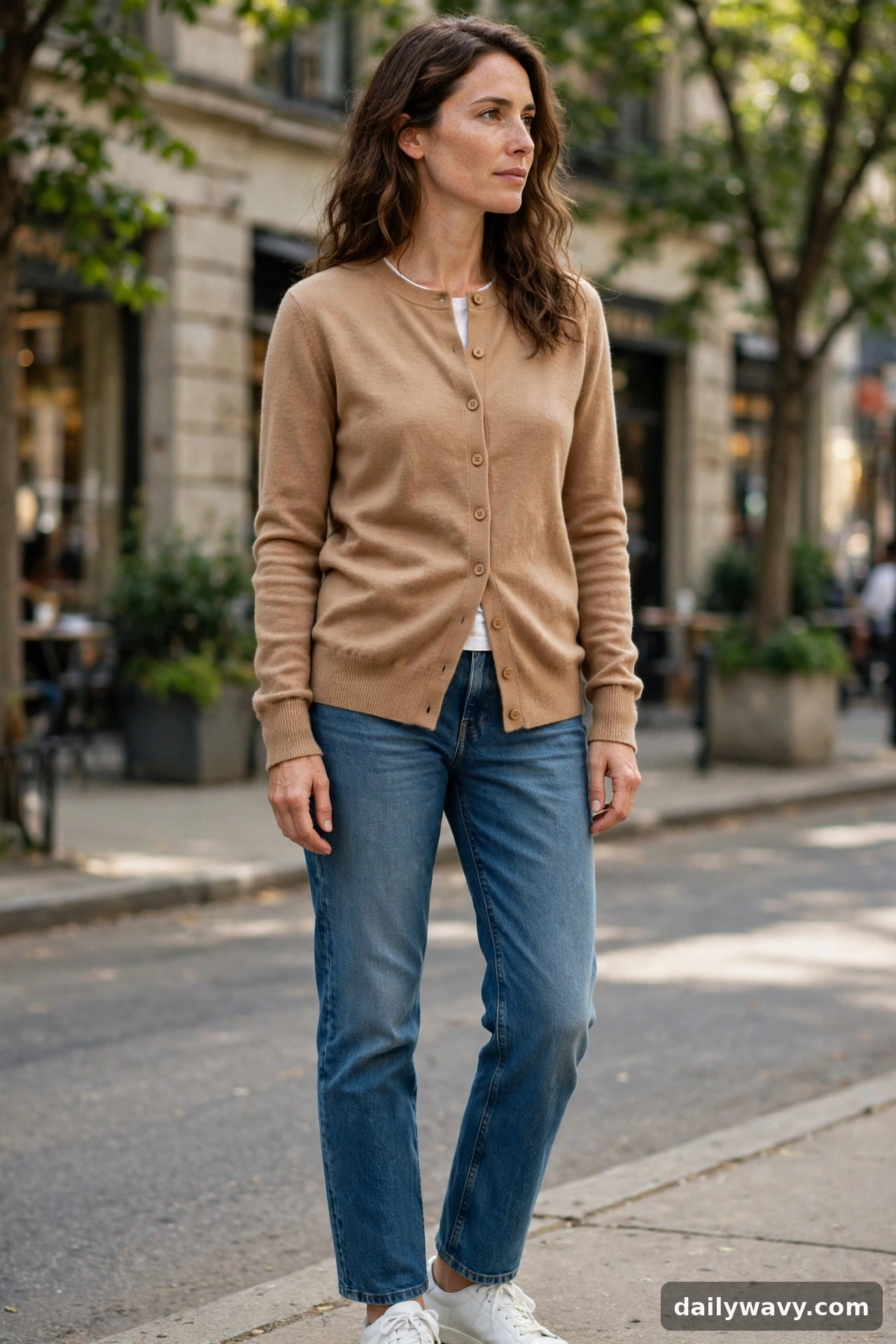 Adult wearing buttoned cardigan with jeans for neutral capsule wardrobe outfits