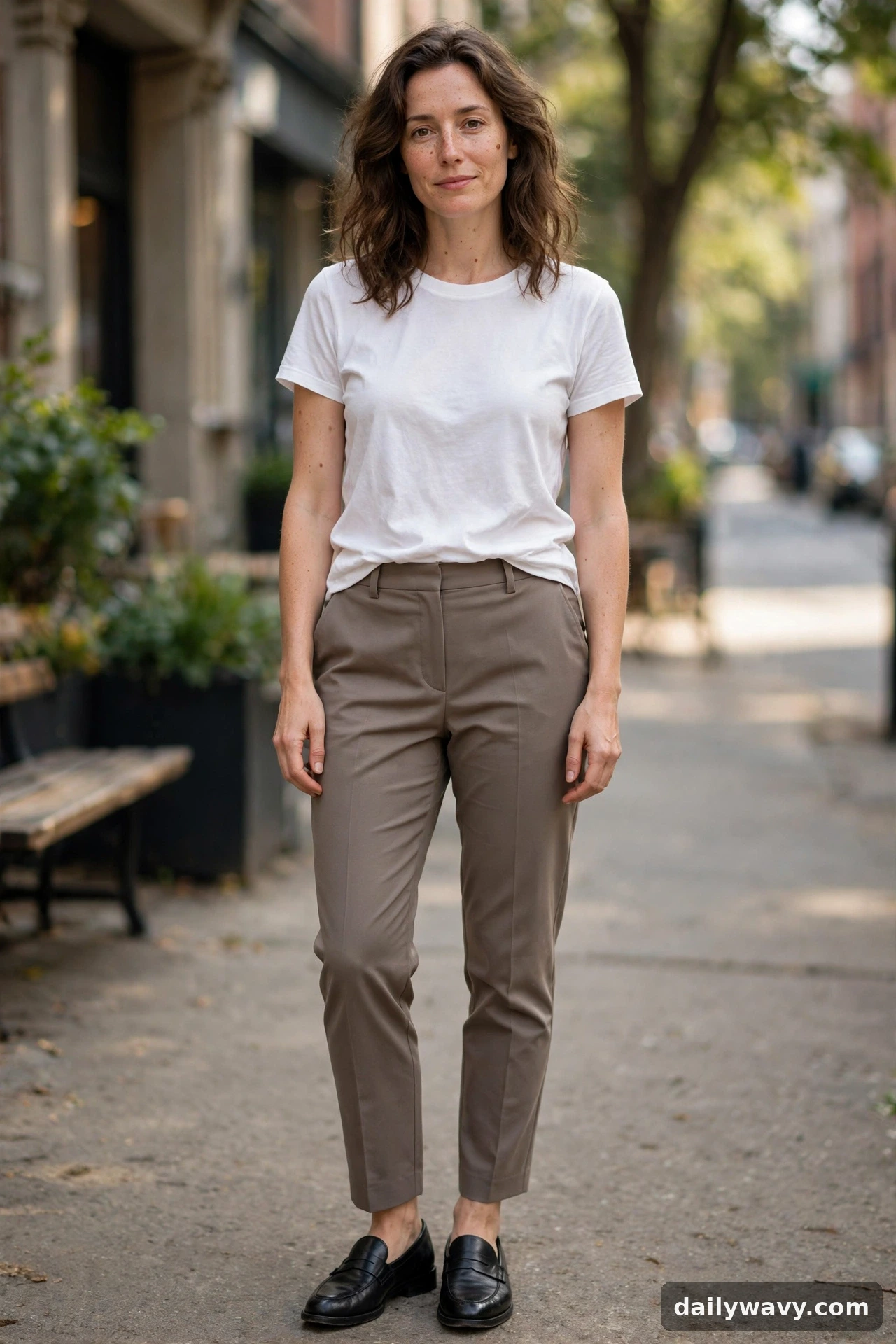 Adult wearing plain tee with tailored trousers for neutral capsule wardrobe outfits