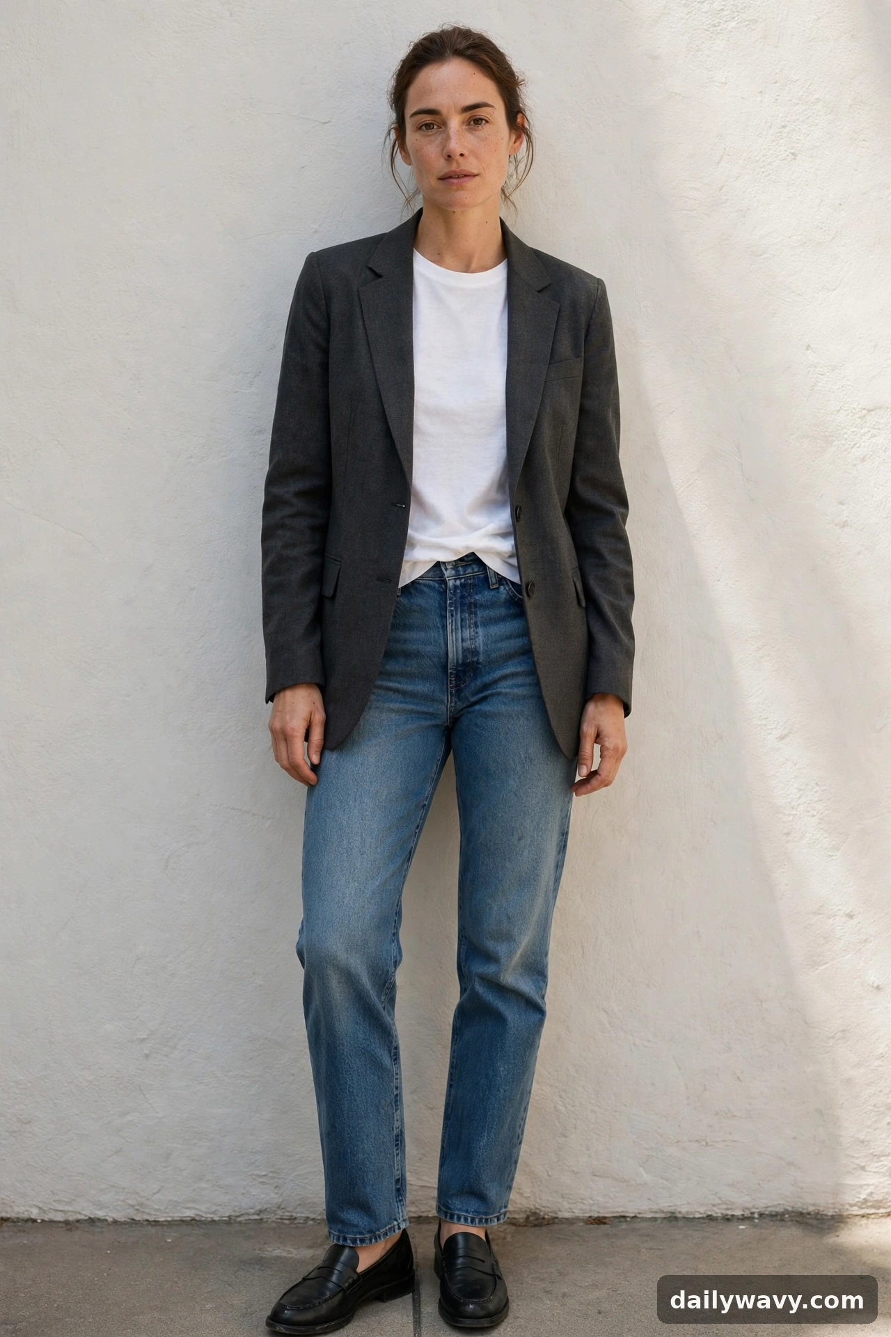 Adult wearing blazer with a tee and jeans for neutral capsule wardrobe outfits