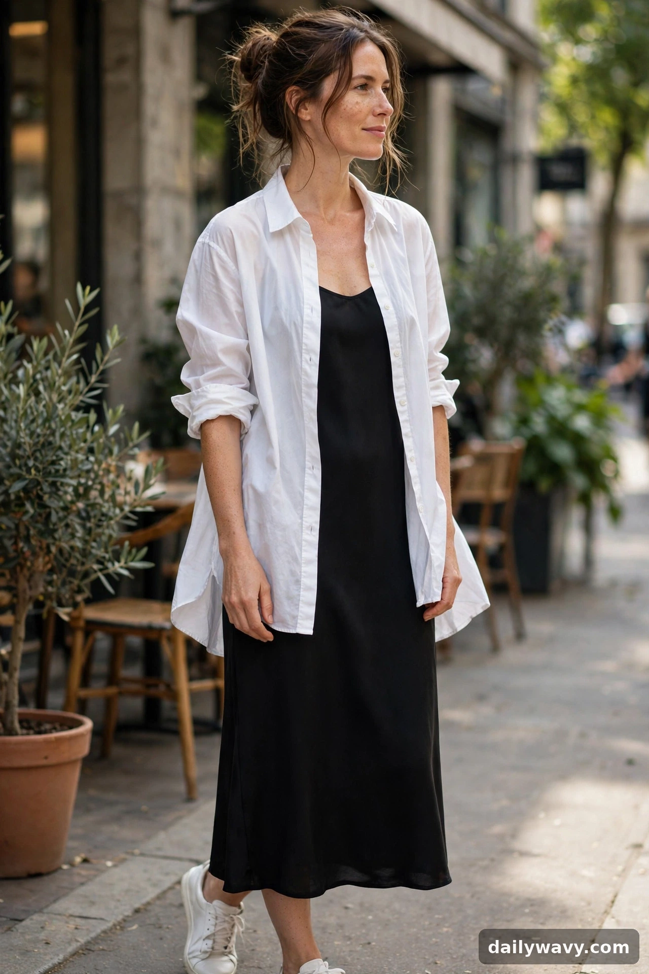 Adult wearing dress with an open shirt for neutral capsule wardrobe outfits