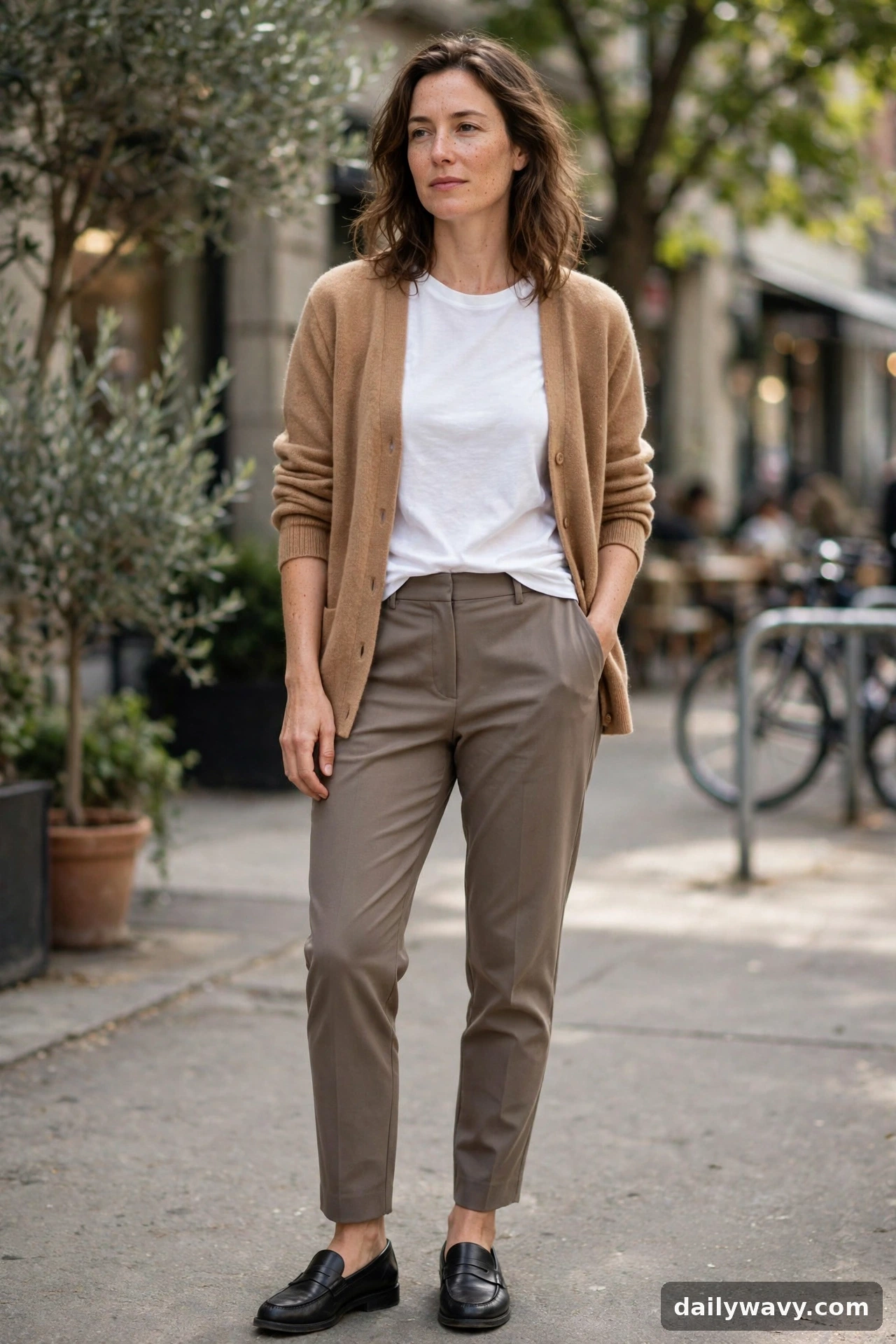 Adult wearing cardigan with a tee and trousers for neutral capsule wardrobe outfits