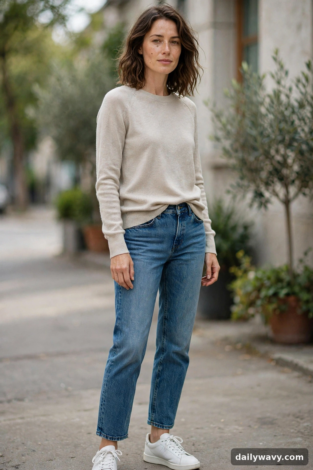 Adult wearing fine knit with jeans for neutral capsule wardrobe outfits