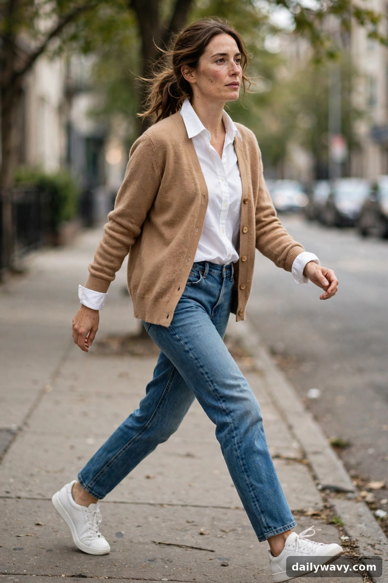 Adult wearing shirt layered under a cardigan for neutral capsule wardrobe outfits