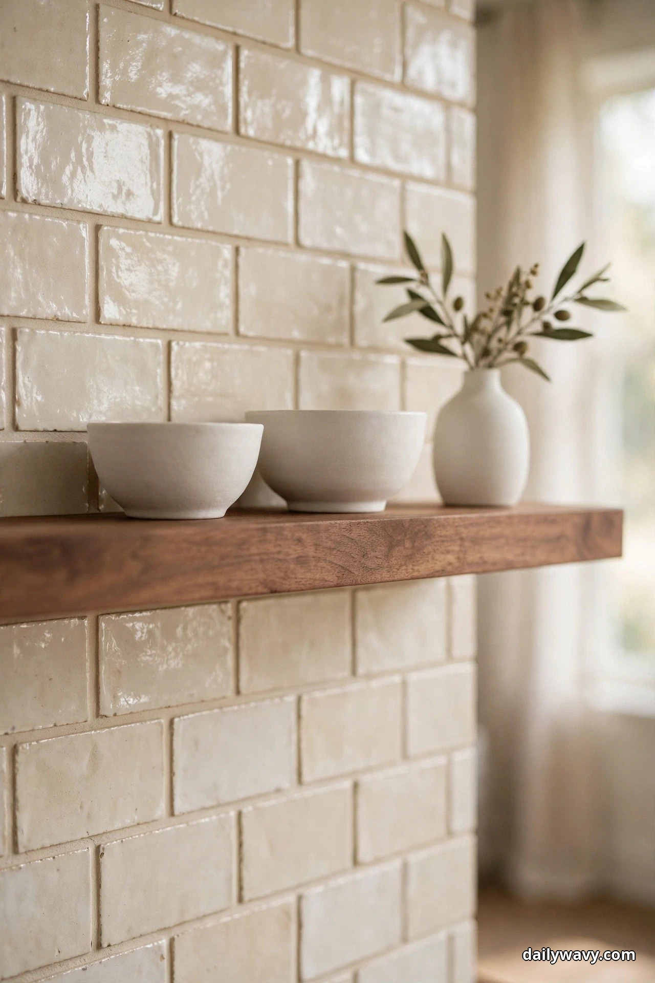 A close view shows glossy cream handmade-look subway tiles behind a walnut shelf holding two white bowls and a small white vase with an olive sprig