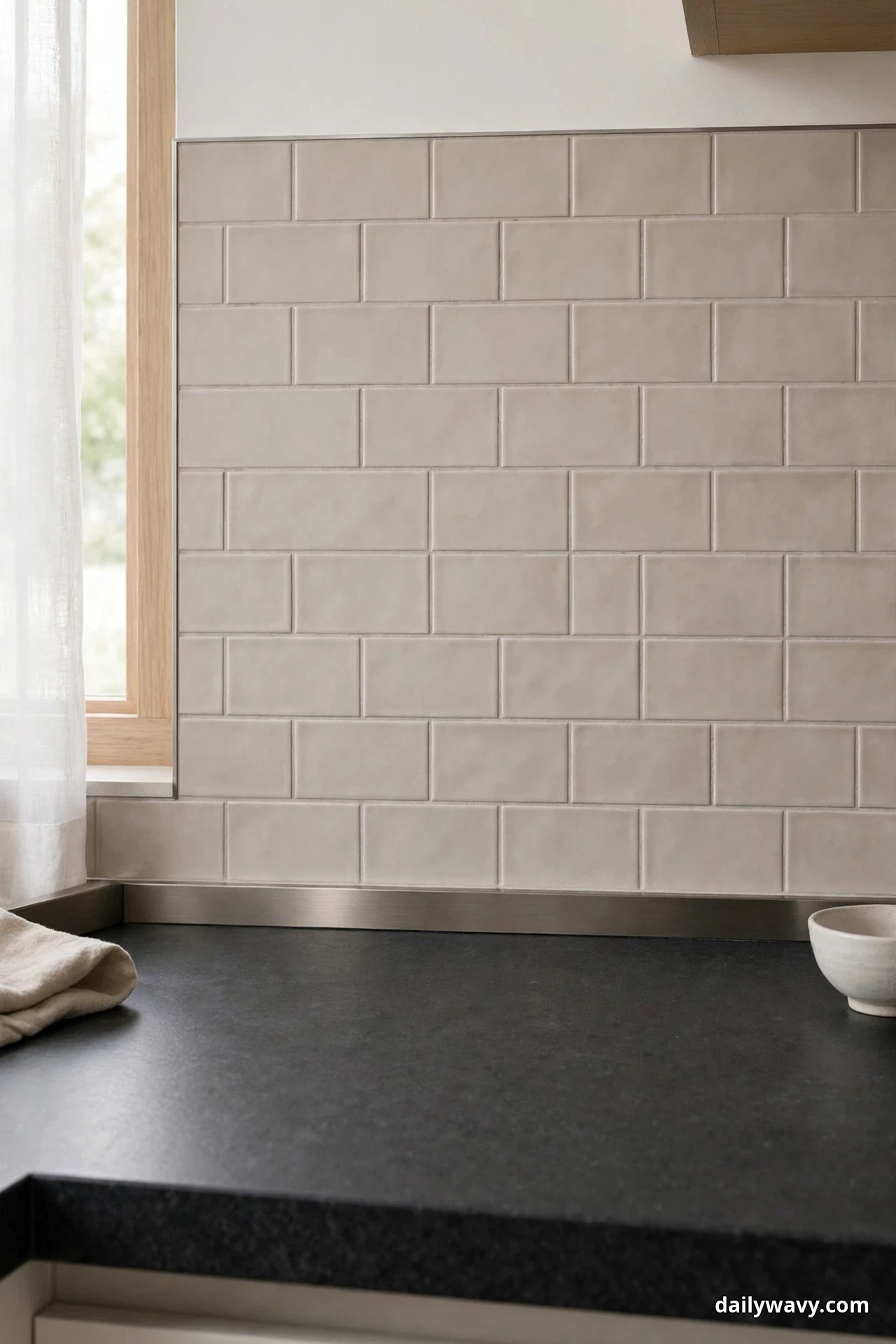 A greige subway tile backsplash in a running bond pattern meets a dark honed countertop along a slim brushed metal edge trim, beside a window with a sheer curtain
