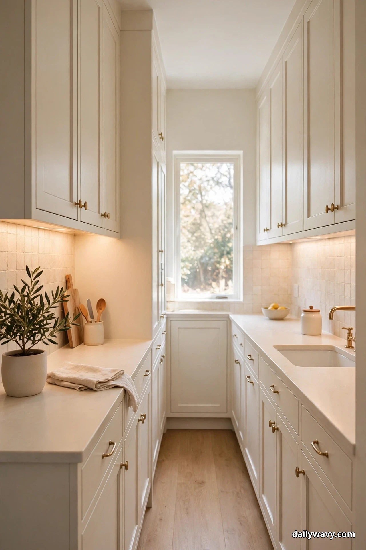 A narrow galley kitchen in warm whites runs toward a tall window, with cream tile backsplashes glowing under the cabinet lighting and brass hardware on both cabinet runs