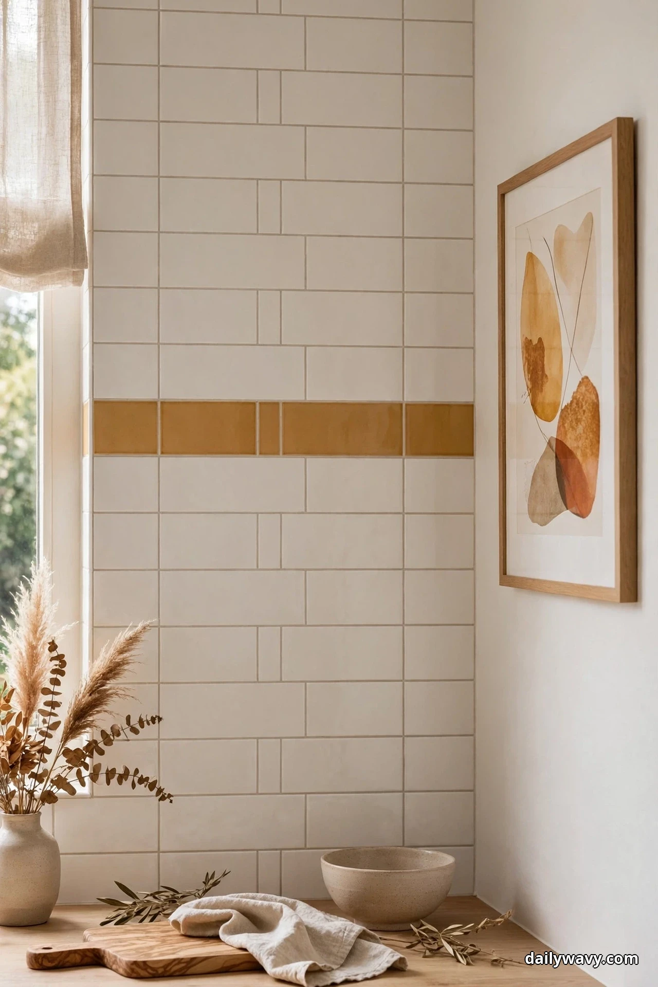 A cream subway tile backsplash carries a single ochre accent band across its middle, beside a framed abstract print in ochre and rust tones on the next wall