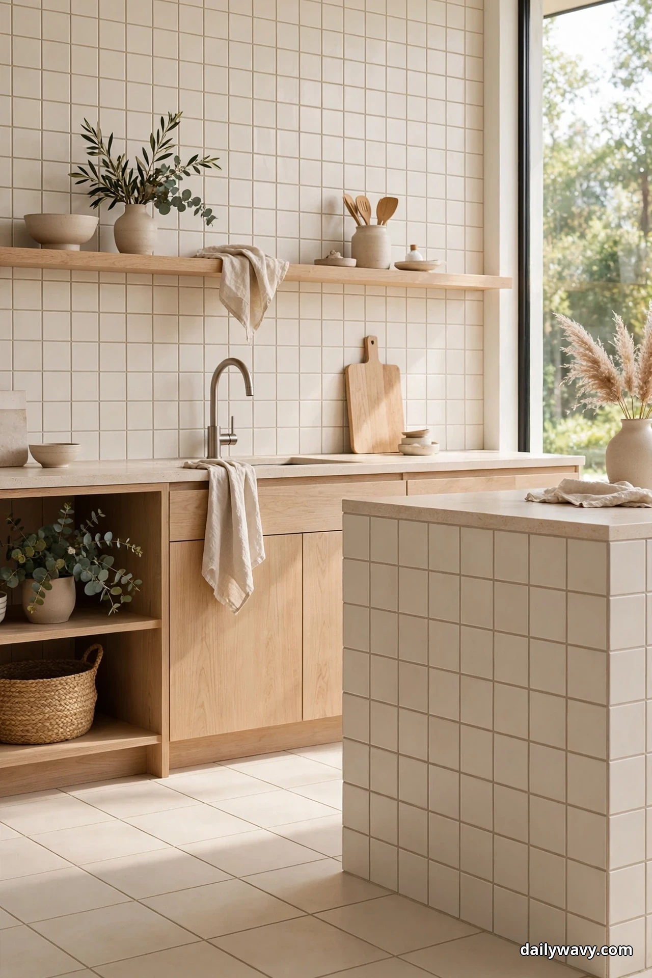 Small cream square backsplash tiles repeat across the front of a kitchen island above large square floor tiles, beside light wood cabinets and a long open shelf