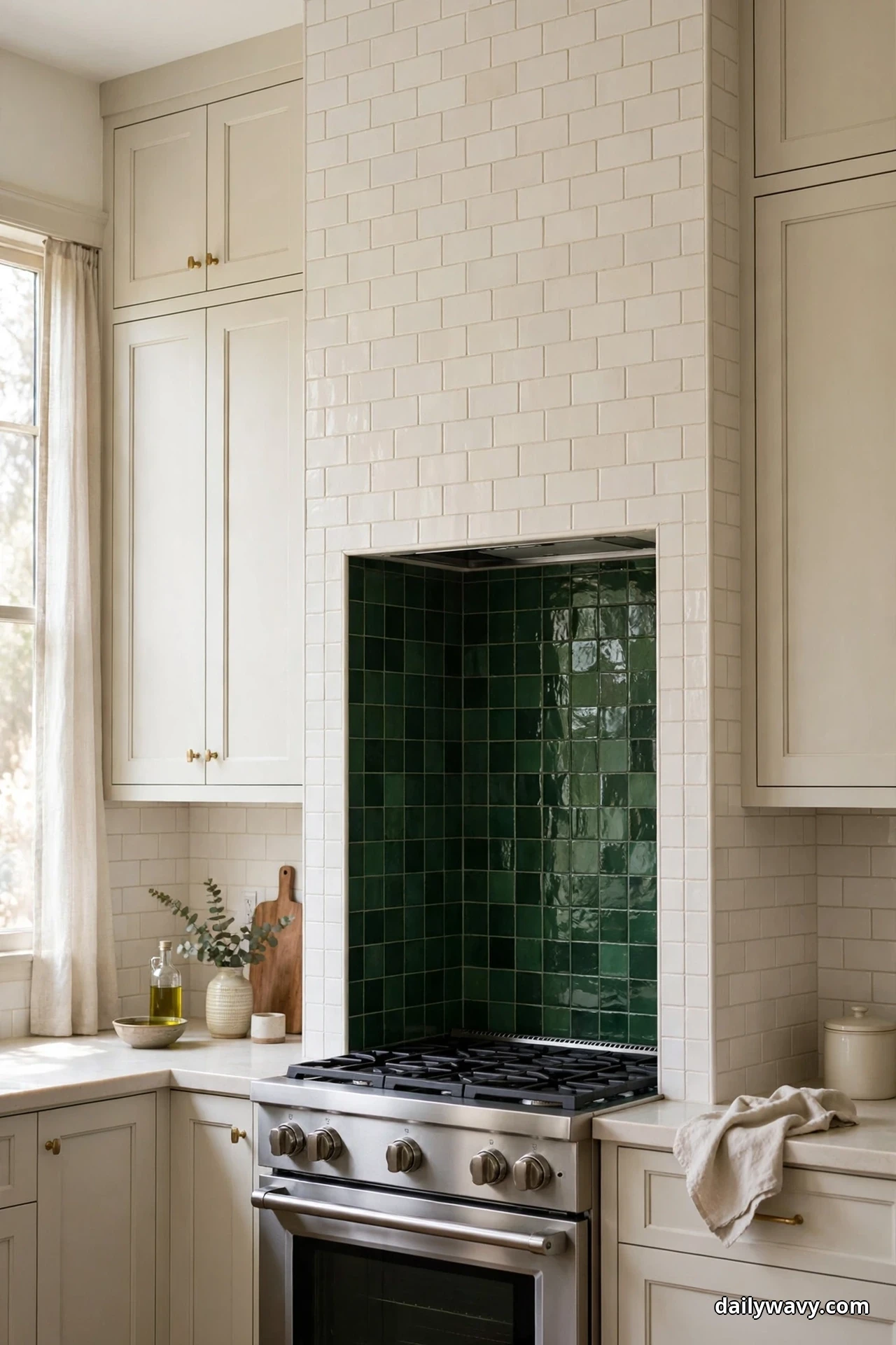 Creamy white subway tiles surround a range alcove lined in deep green glossy tiles above a stainless steel stove, between warm white cabinets with brass knobs