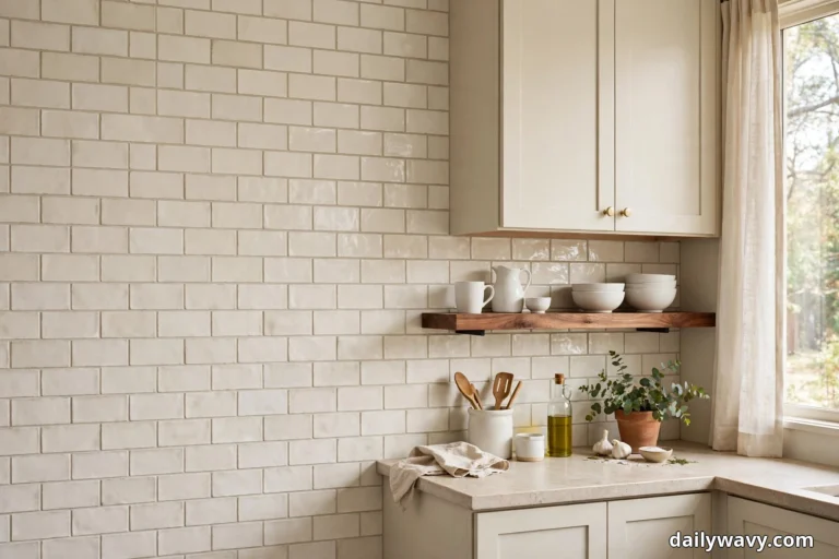 A wide view shows a cream handmade-look subway tile backsplash running beside warm white cabinets, with a walnut open shelf holding white ceramics above a counter with a utensil crock and a potted plant